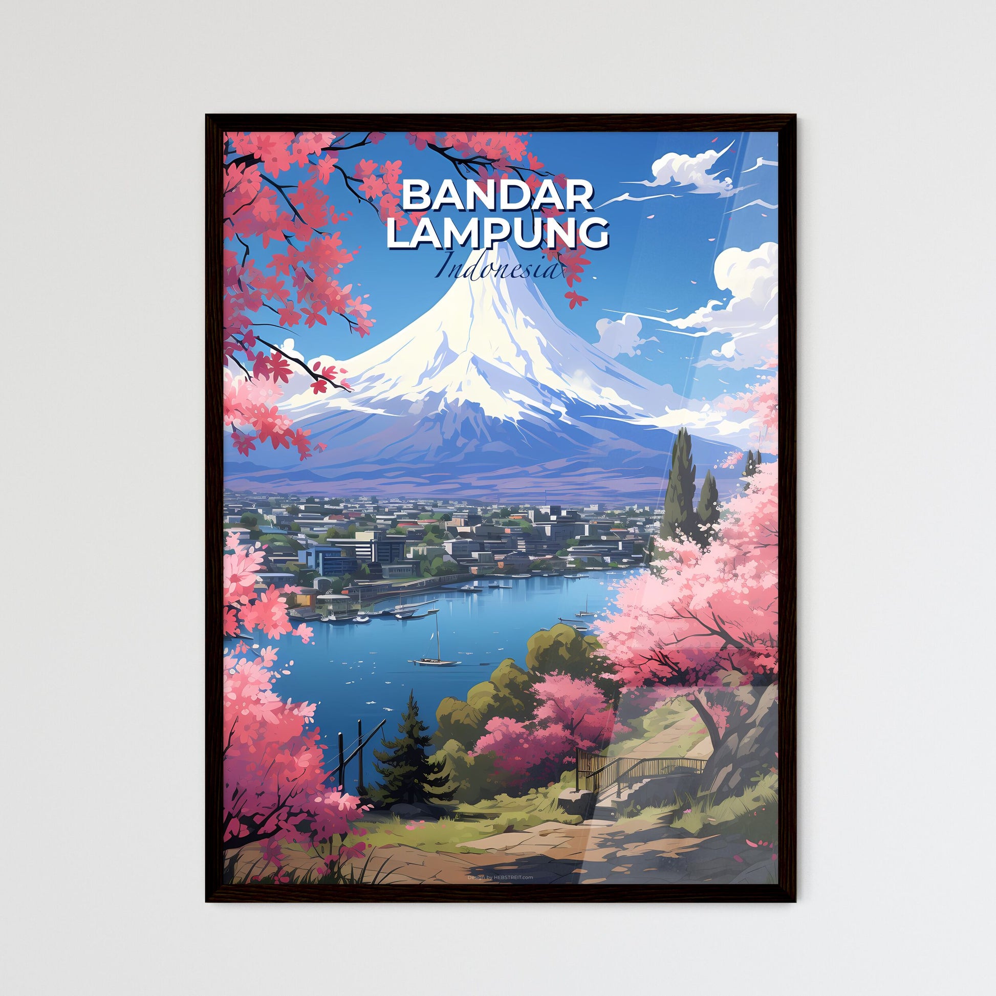 Vibrant Painting of Skyline of Bandar Lampung, Indonesia with Majestic Mount Fuji in the Distance Default Title