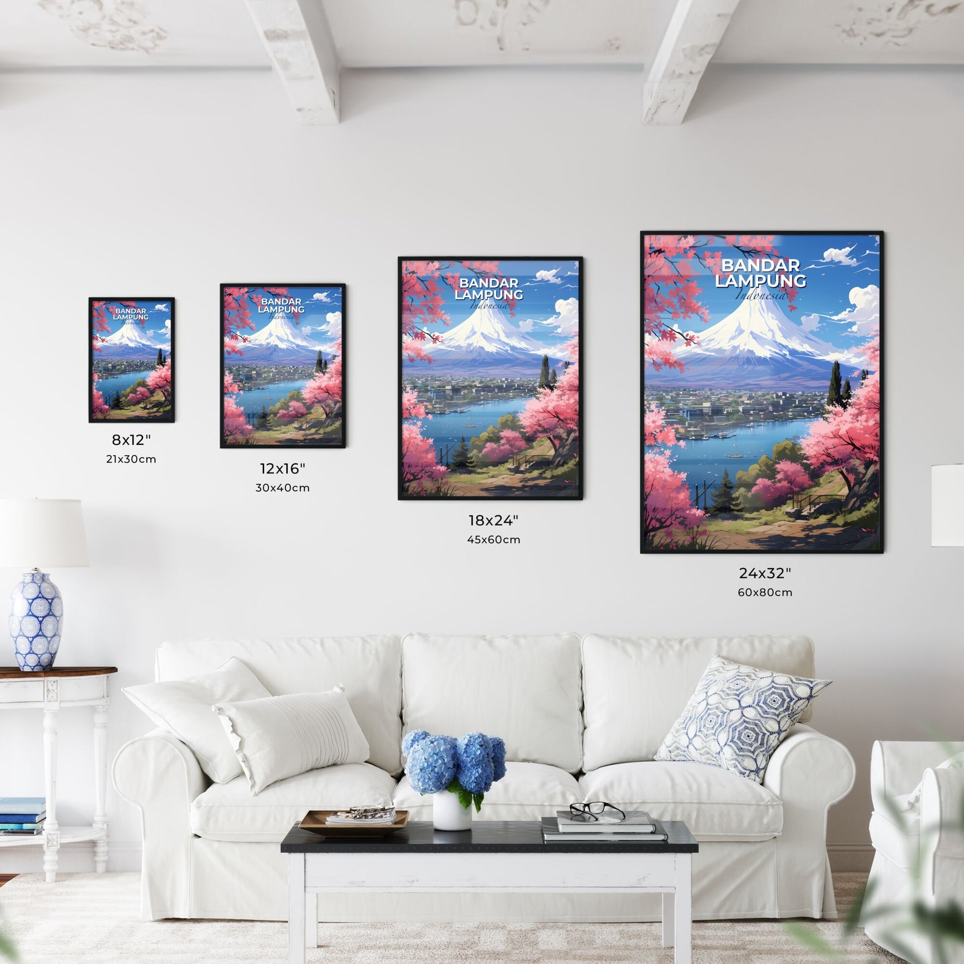 Vibrant Painting of Skyline of Bandar Lampung, Indonesia with Majestic Mount Fuji in the Distance Default Title