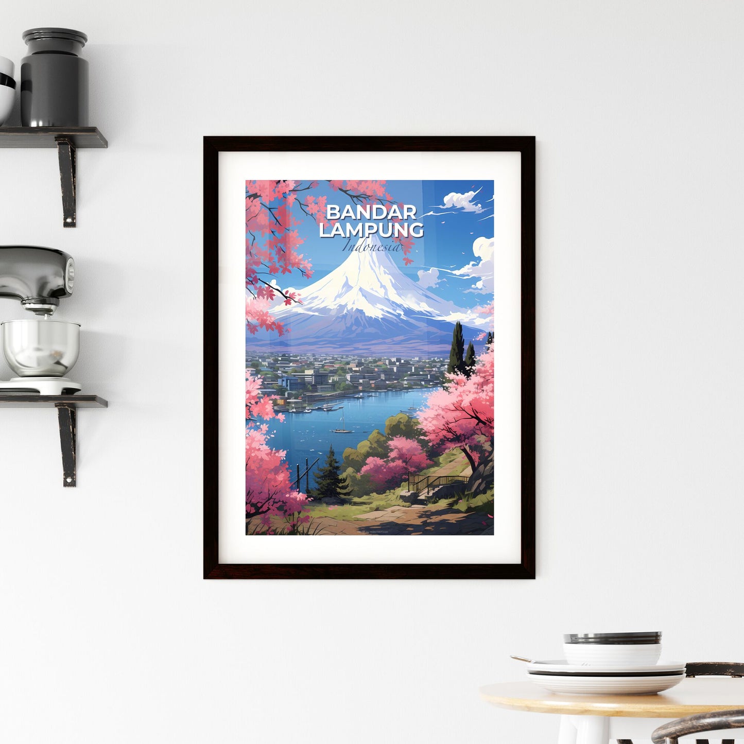 Vibrant Painting of Skyline of Bandar Lampung, Indonesia with Majestic Mount Fuji in the Distance Default Title