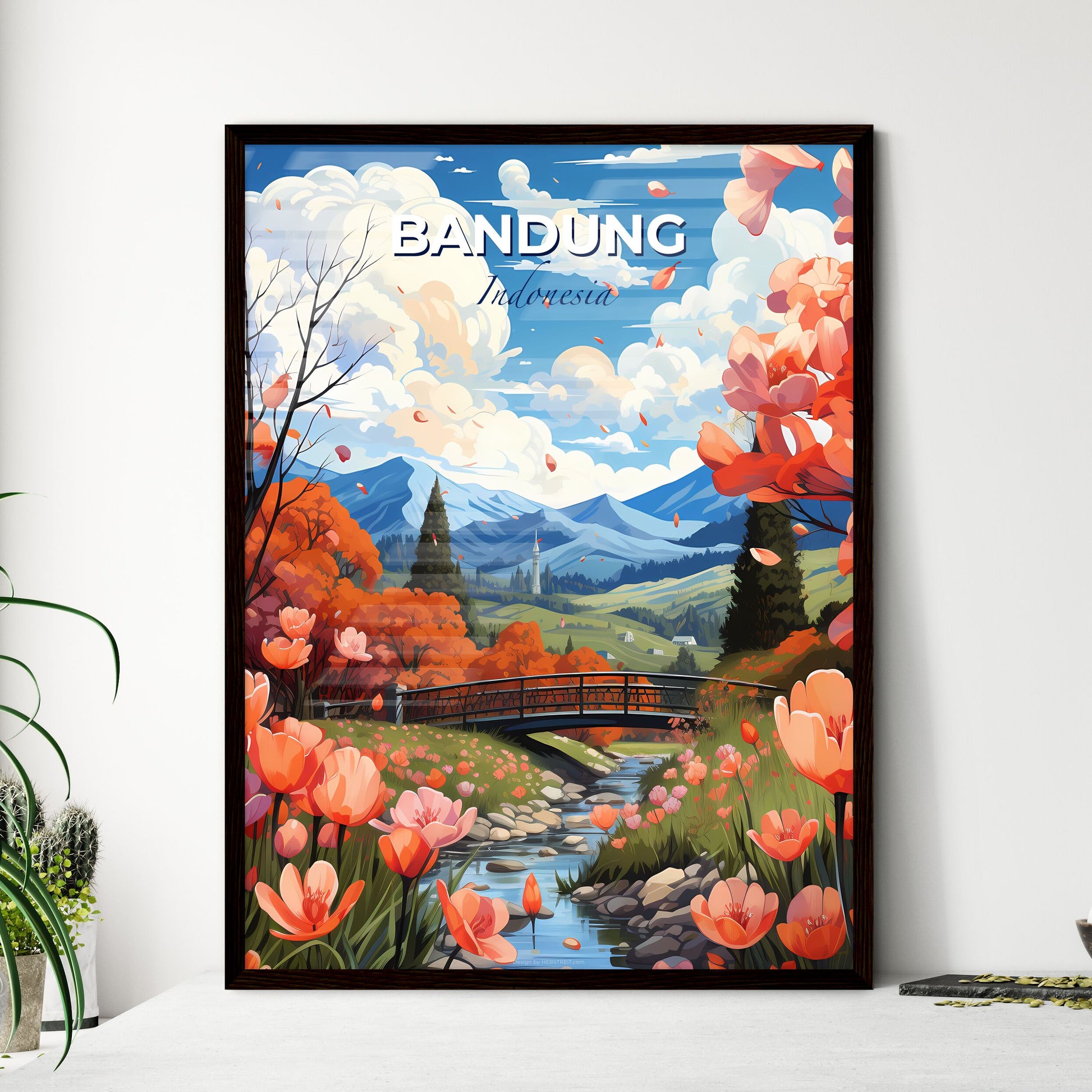 Vibrant Bandung Indonesia Skyline Painting: River, Bridge, Flowers, Mountains, Art Default Title