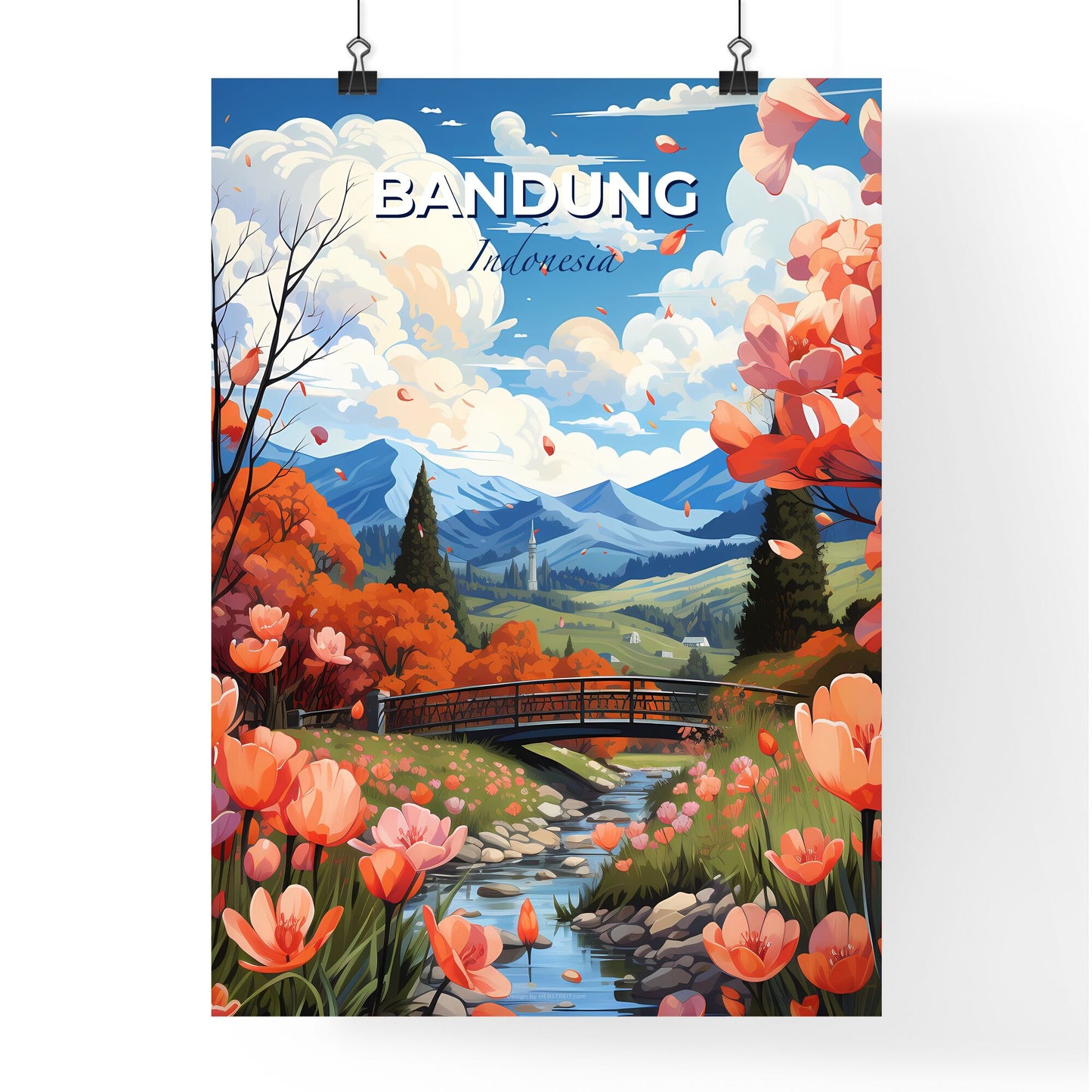 Vibrant Bandung Indonesia Skyline Painting: River, Bridge, Flowers, Mountains, Art Default Title