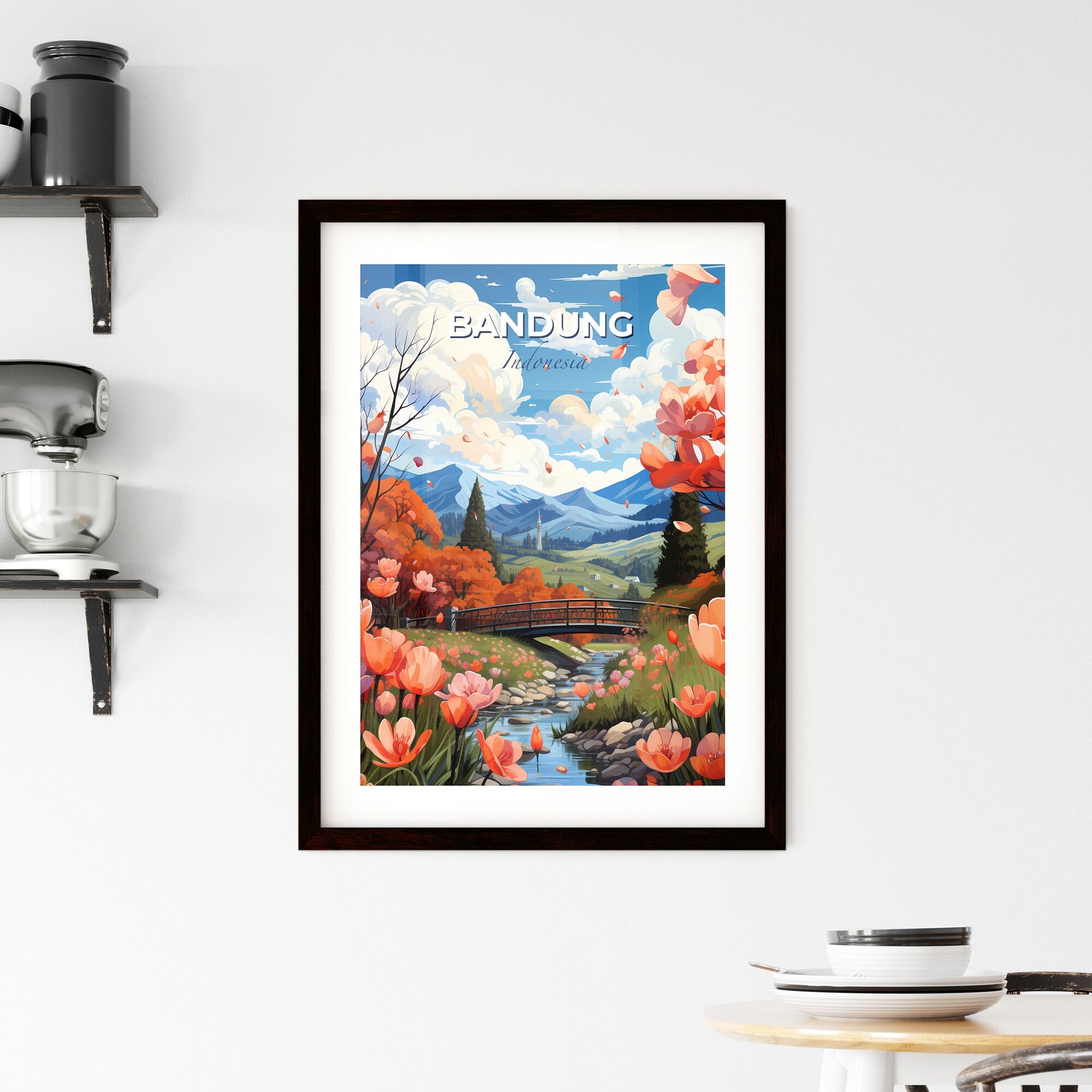 Vibrant Bandung Indonesia Skyline Painting: River, Bridge, Flowers, Mountains, Art Default Title