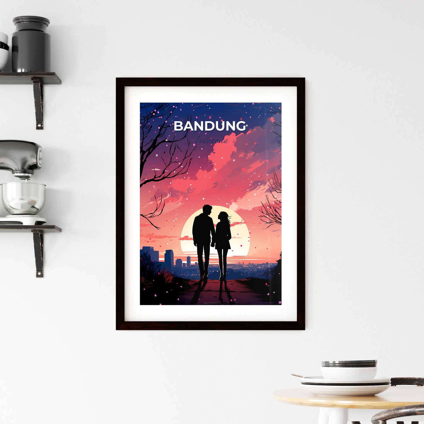 Colorful Bandung Indonesia Cityscape Painting of Couple on Hill Overlooking Skyline Default Title