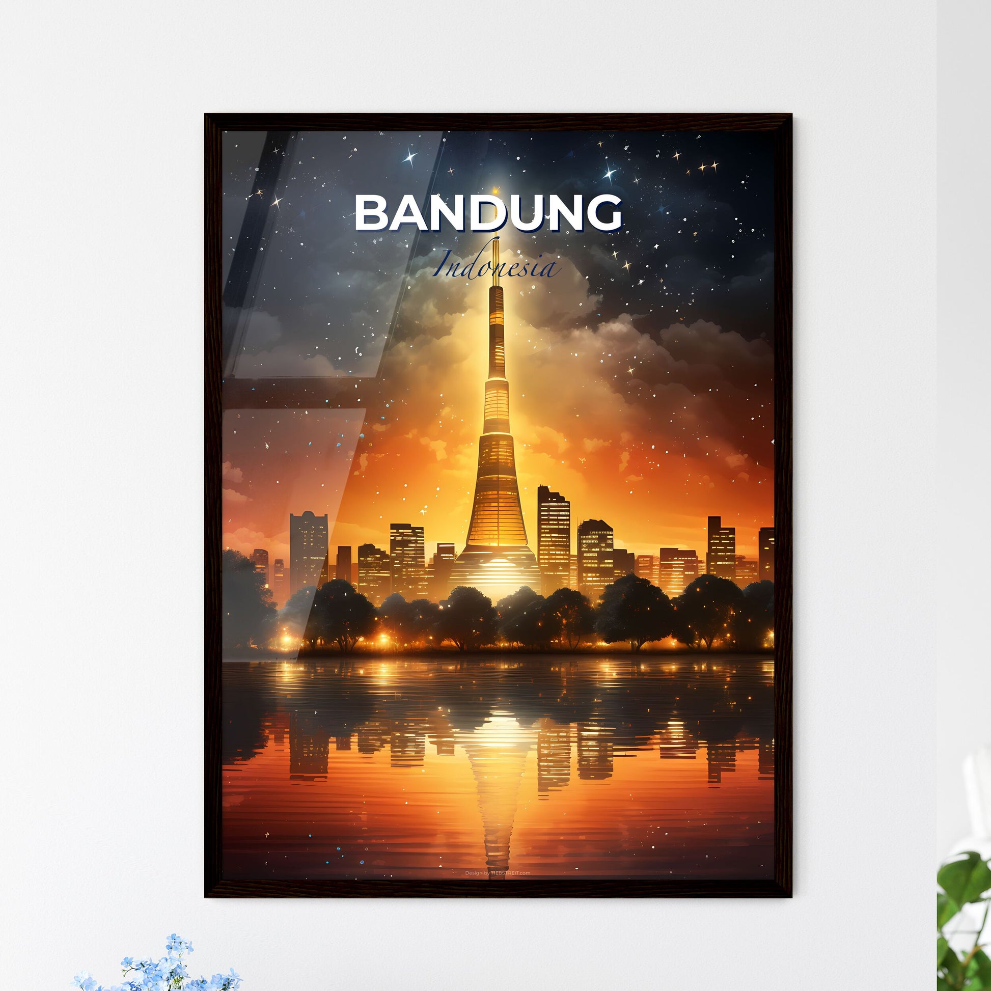 Painting of Bandung Skyline with Illuminated Tower at Night - Vibrant Cityscape Art Default Title