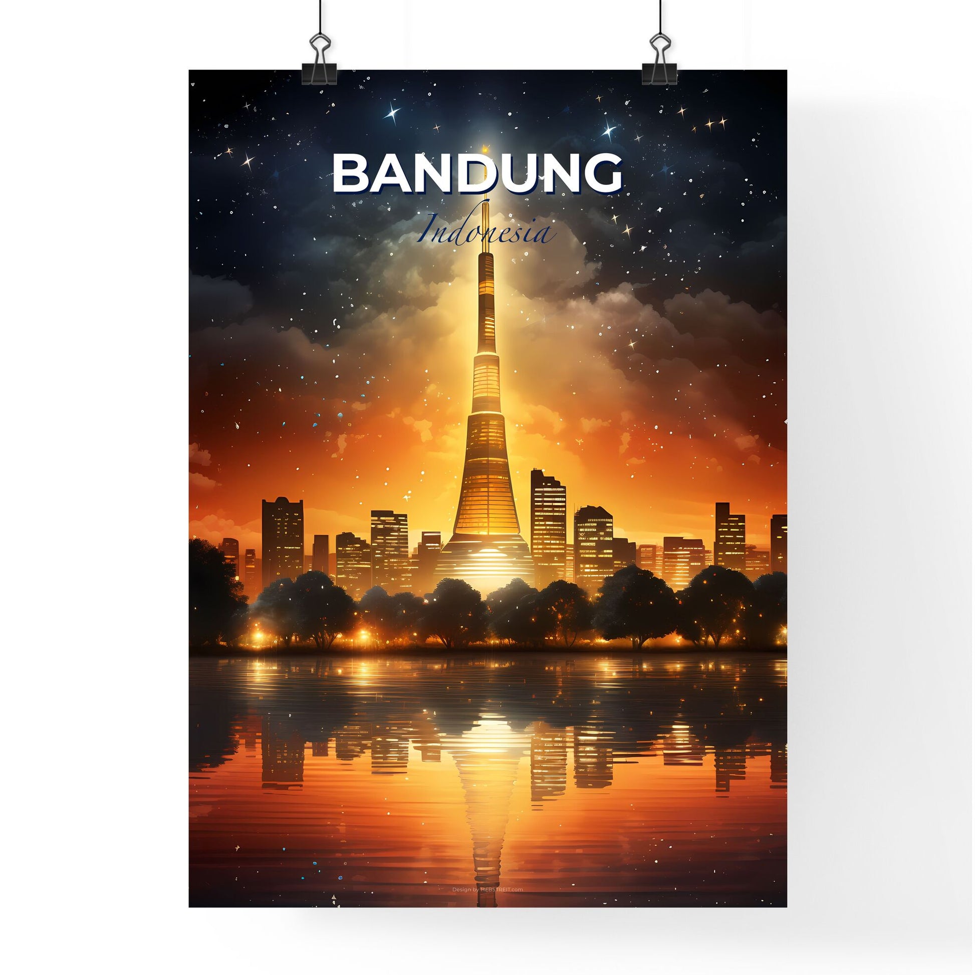 Painting of Bandung Skyline with Illuminated Tower at Night - Vibrant Cityscape Art Default Title