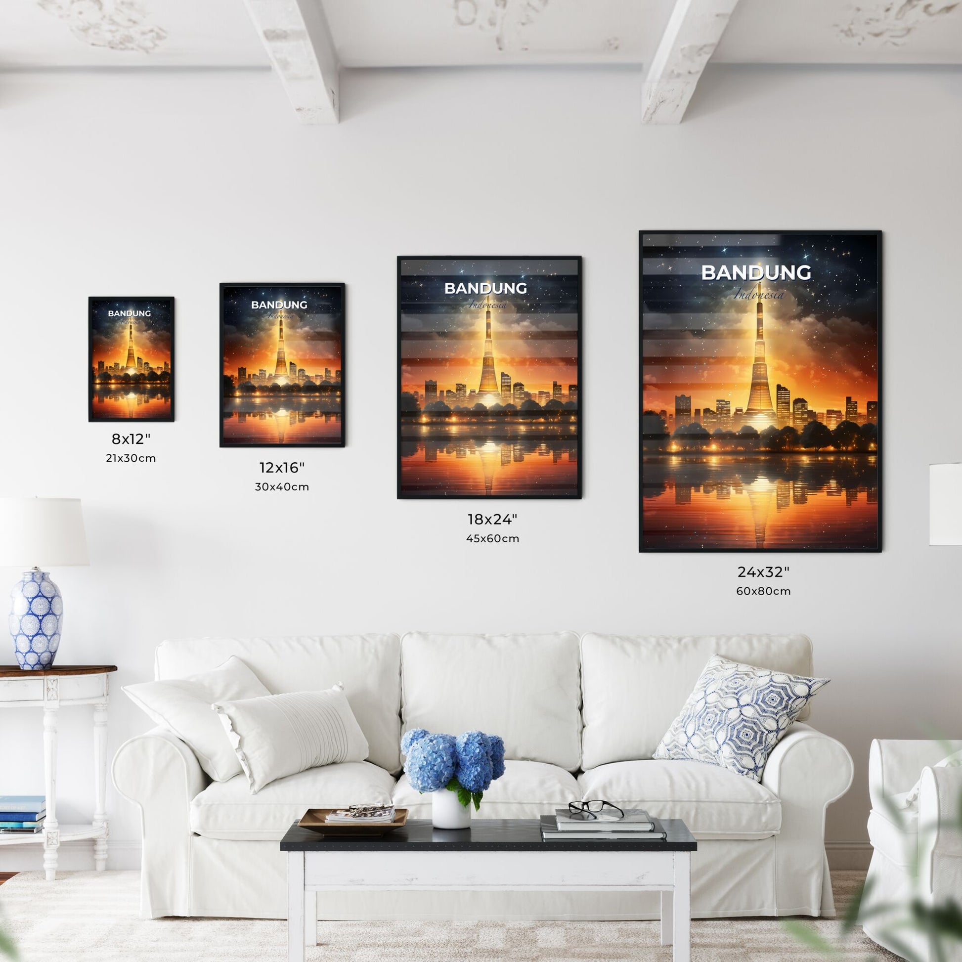 Painting of Bandung Skyline with Illuminated Tower at Night - Vibrant Cityscape Art Default Title