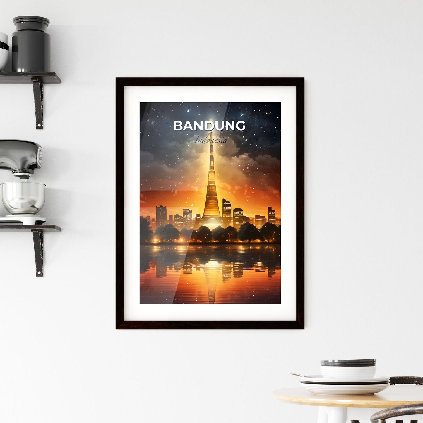 Painting of Bandung Skyline with Illuminated Tower at Night - Vibrant Cityscape Art Default Title