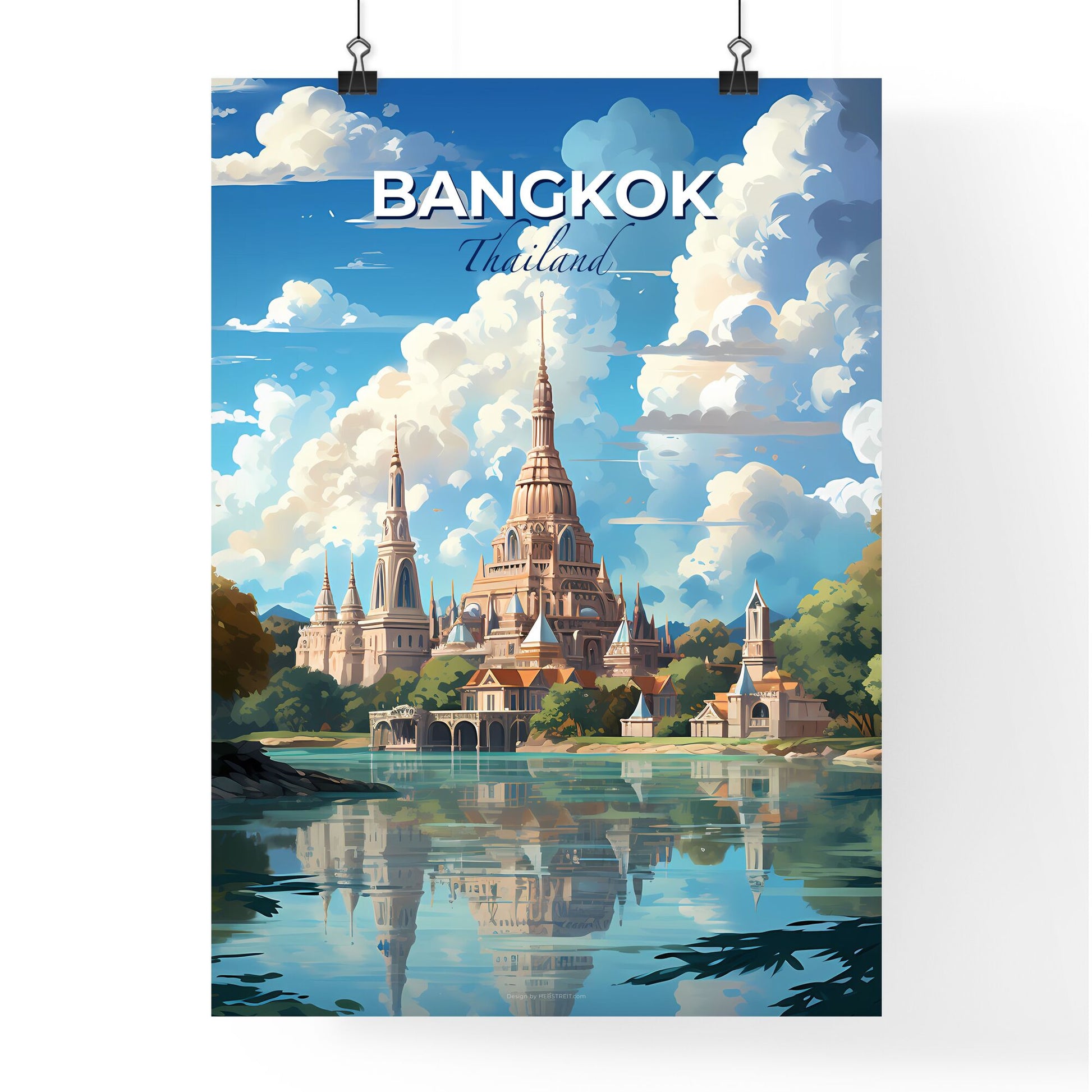 Colorful Bangkok Thailand Cityscape Painting with Castle, Trees, and Lake Default Title