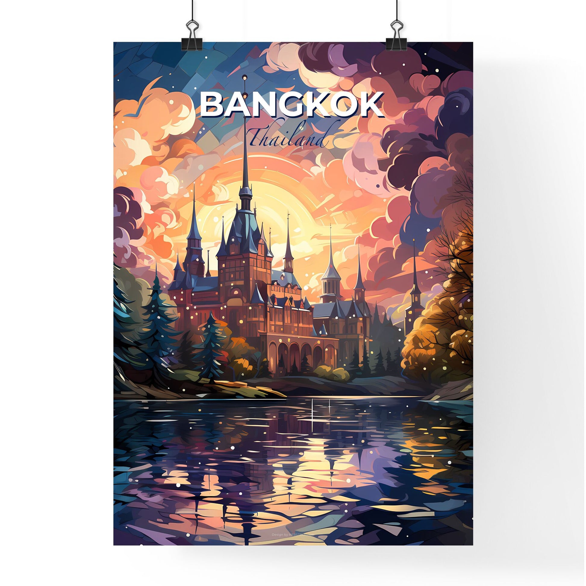 Bangkok Thailand Pastel Painting: Stunning Castle, Trees, Lake View Default Title