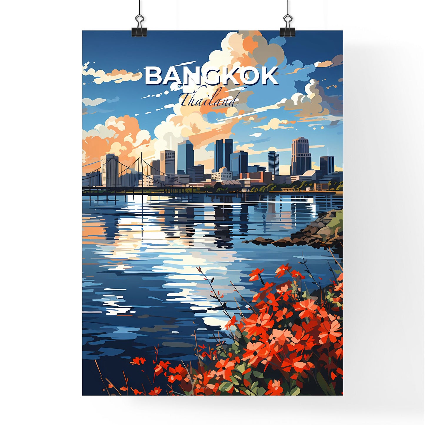 Vibrant Bangkok Cityscape Painting with Bridge Flowers Water Default Title