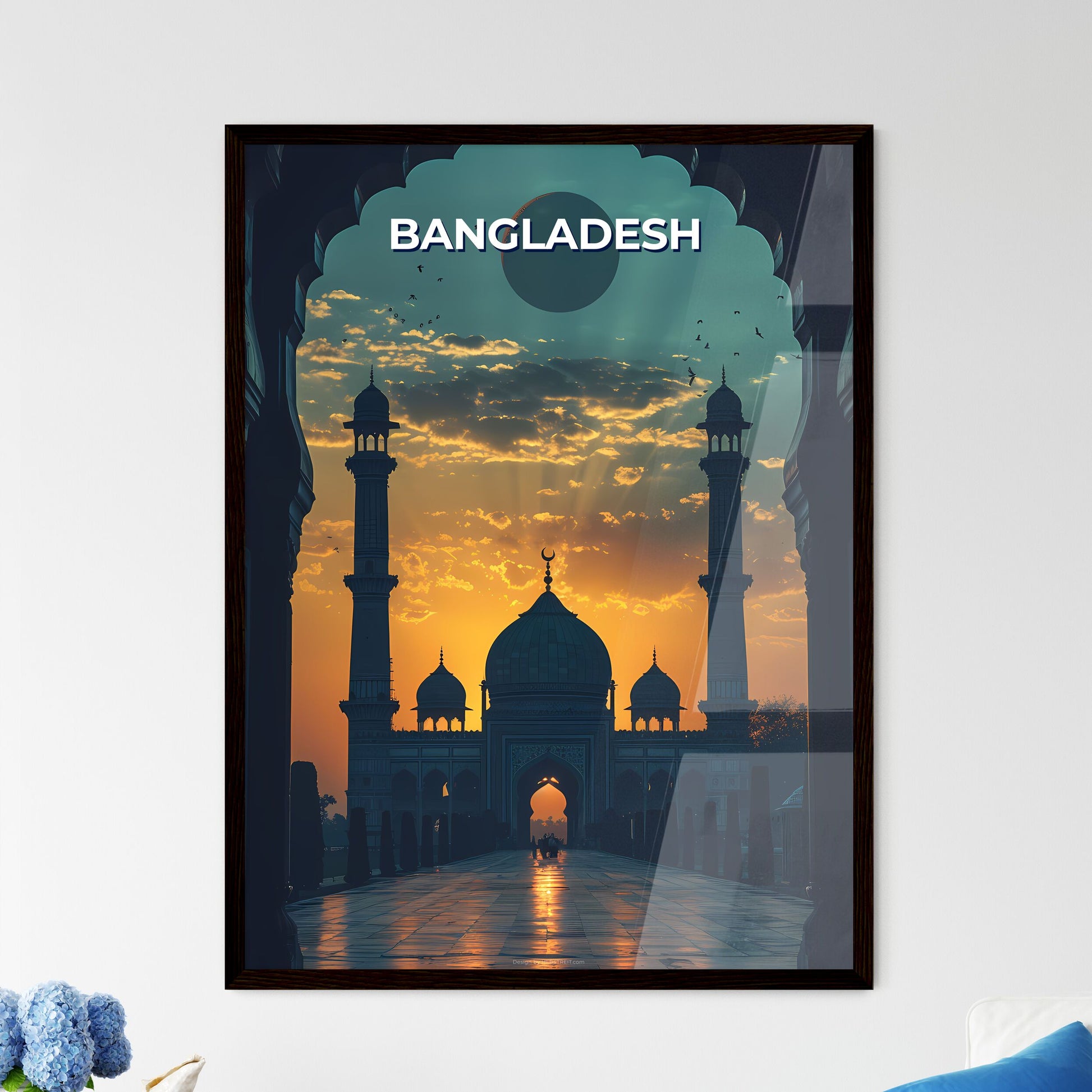 Colorful Bangladeshi Tower Painting, South Asian Art, Moonlit Sky, Architectural Artwork, Cultural Symbolism