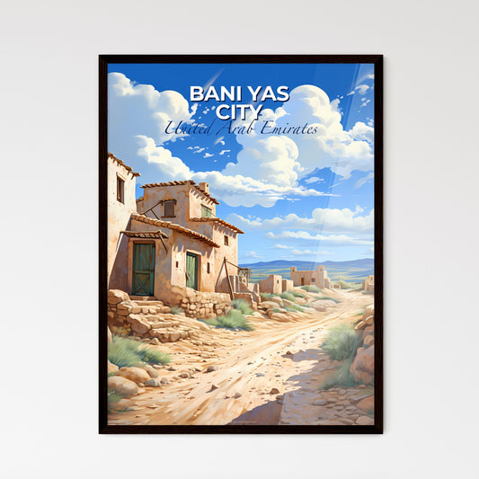 Vibrant Cityscape Painting of Bani Yas City Skyline, UAE, Stone Building Along Dirt Road, Focus on Art Default Title