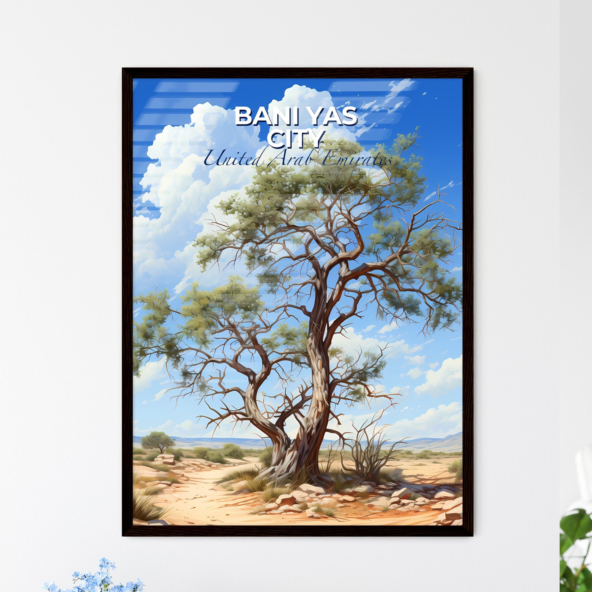 Vibrant Painting: Bani Yas City United Arab Emirates Skyline with Tree in Desert Default Title
