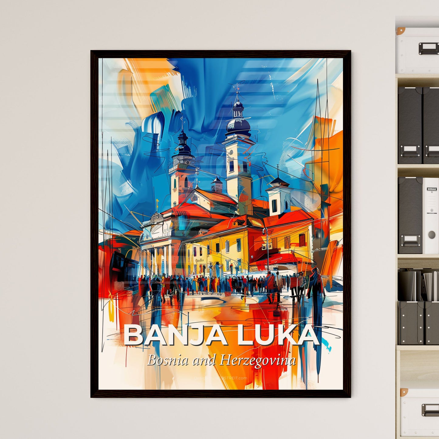 Vibrant Banja Luka, Bosnia And Herzegovina - A Painting Of A Building With A Crowd Of People