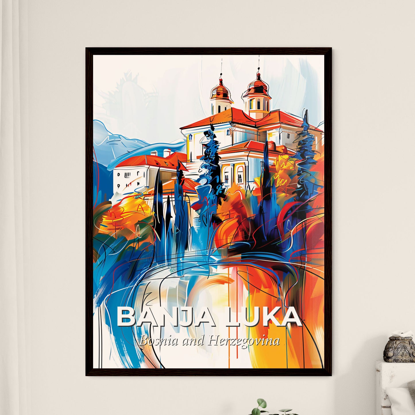 Vibrant Banja Luka, Bosnia And Herzegovina - A Painting Of A Building With Trees And Mountains