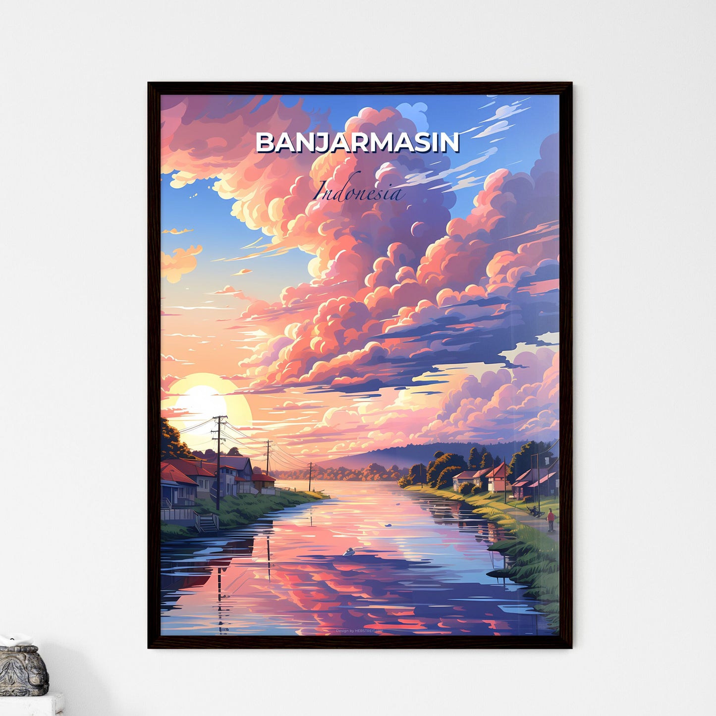 Abstract Cityscape Artwork: Banjarmasin Indonesia Riverfront with Vibrant Pink and Purple Sky Default Title