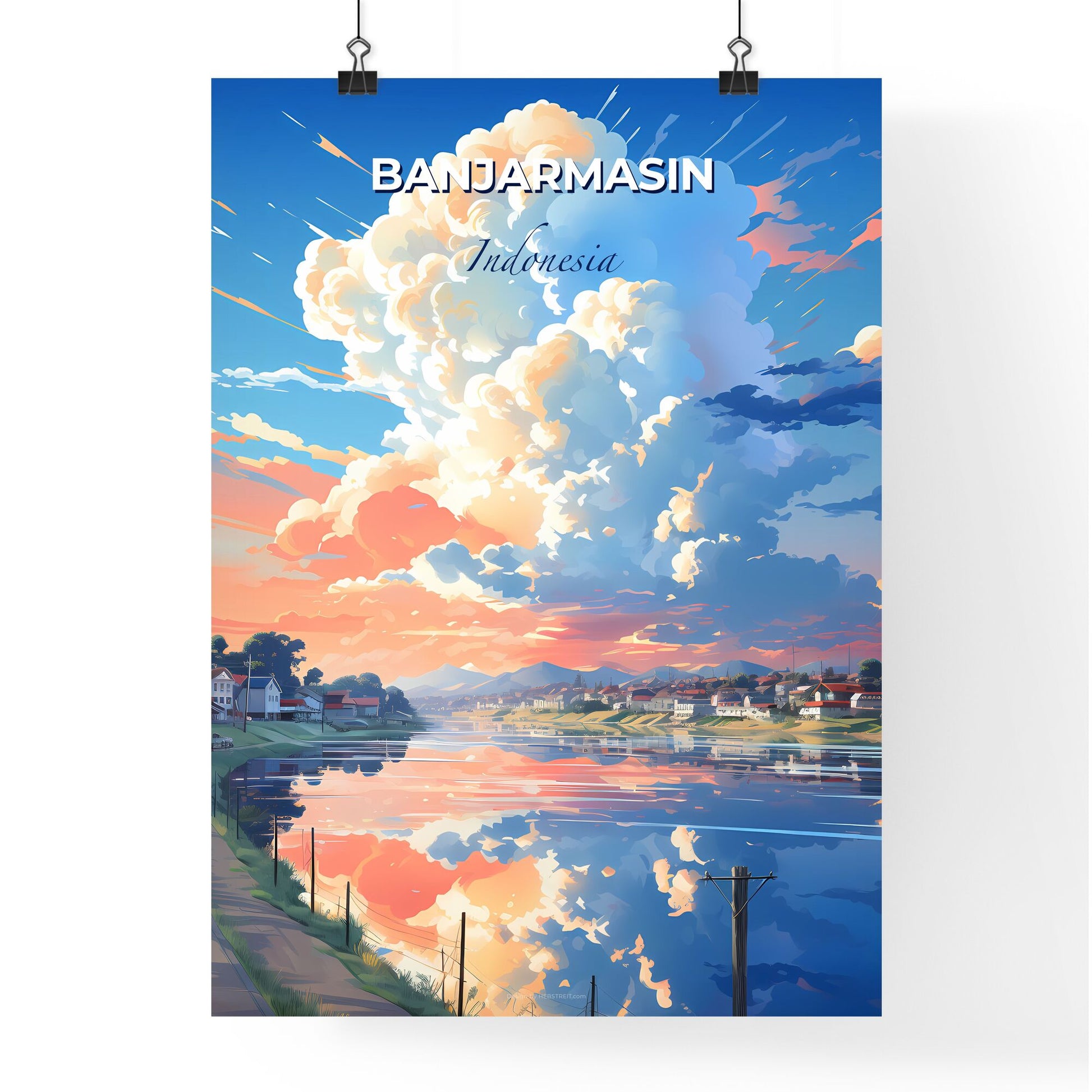 Banjarmasin Skyline Painting, Indonesia, Southeast Asia, Cityscape, Art, Canvas Default Title