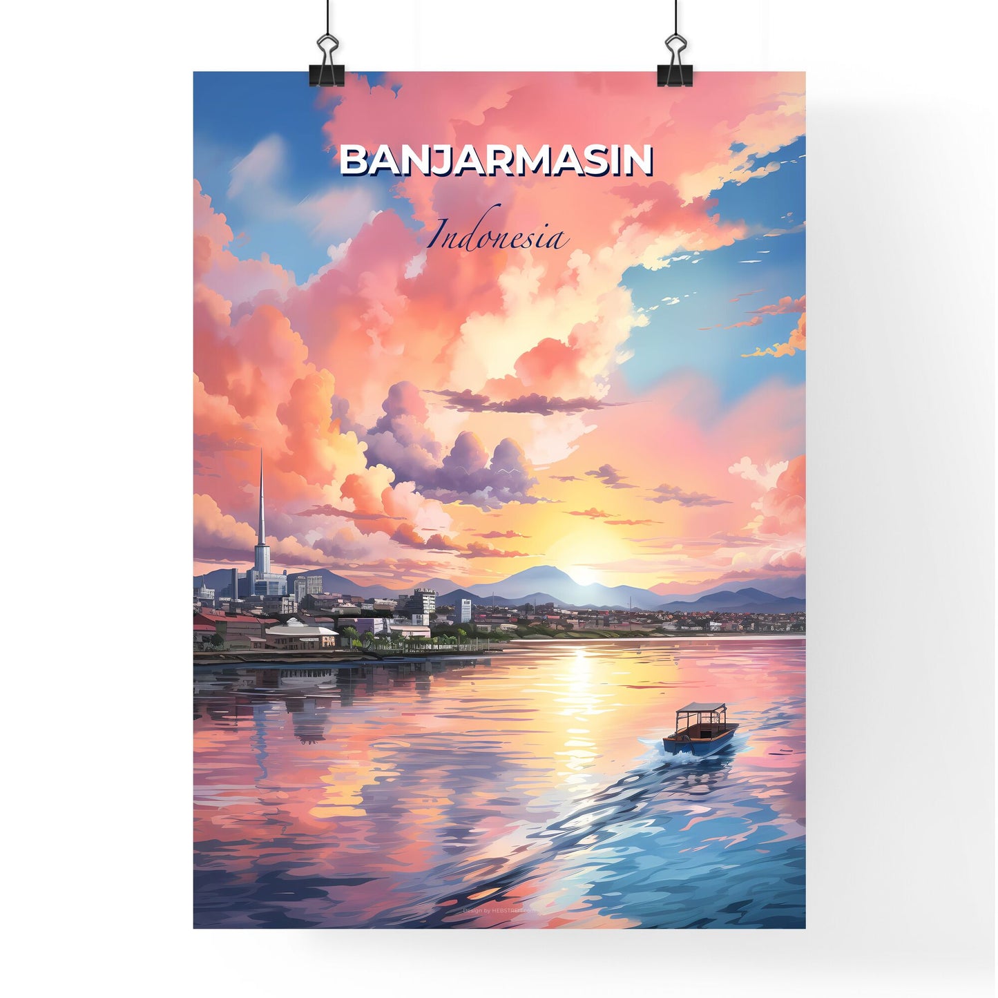 Banjarmasin, Indonesia Skyline Art Painting, Vibrant Cityscape with River Boat Artwork Default Title