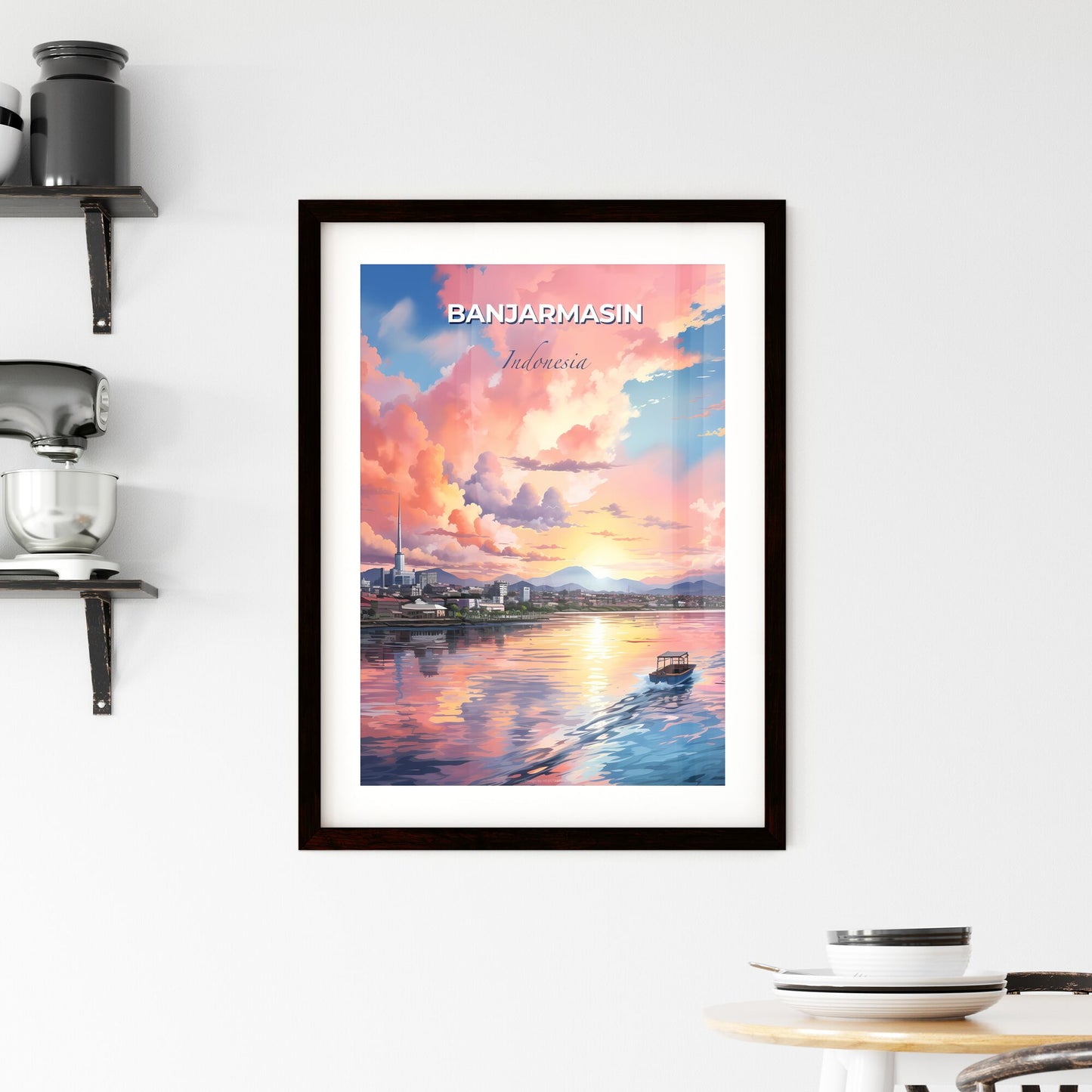 Banjarmasin, Indonesia Skyline Art Painting, Vibrant Cityscape with River Boat Artwork Default Title