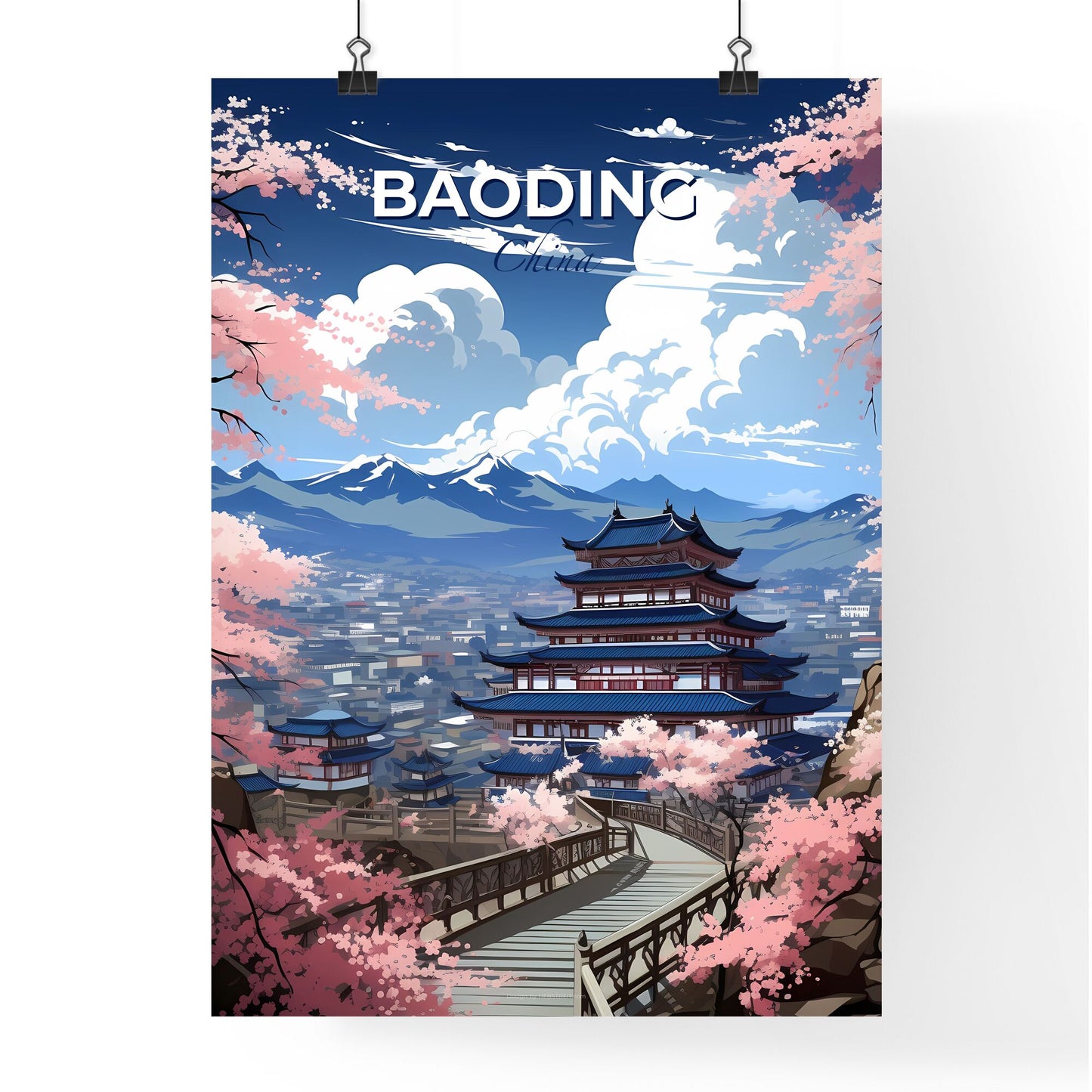 Baoding China Skyline Painting Artistic Vibrant Cityscape Architecture Bridge Mountains Default Title