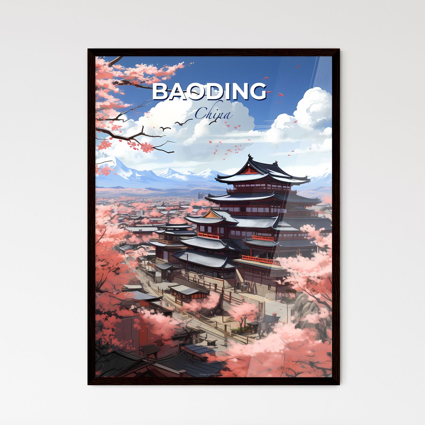 Striking Artwork of Baoding City Skyline Featuring Pagoda and Mountains Default Title