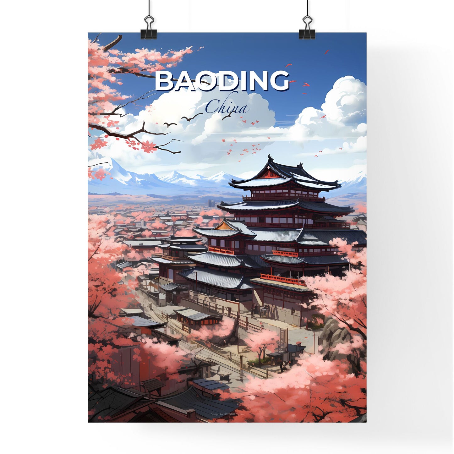 Striking Artwork of Baoding City Skyline Featuring Pagoda and Mountains Default Title