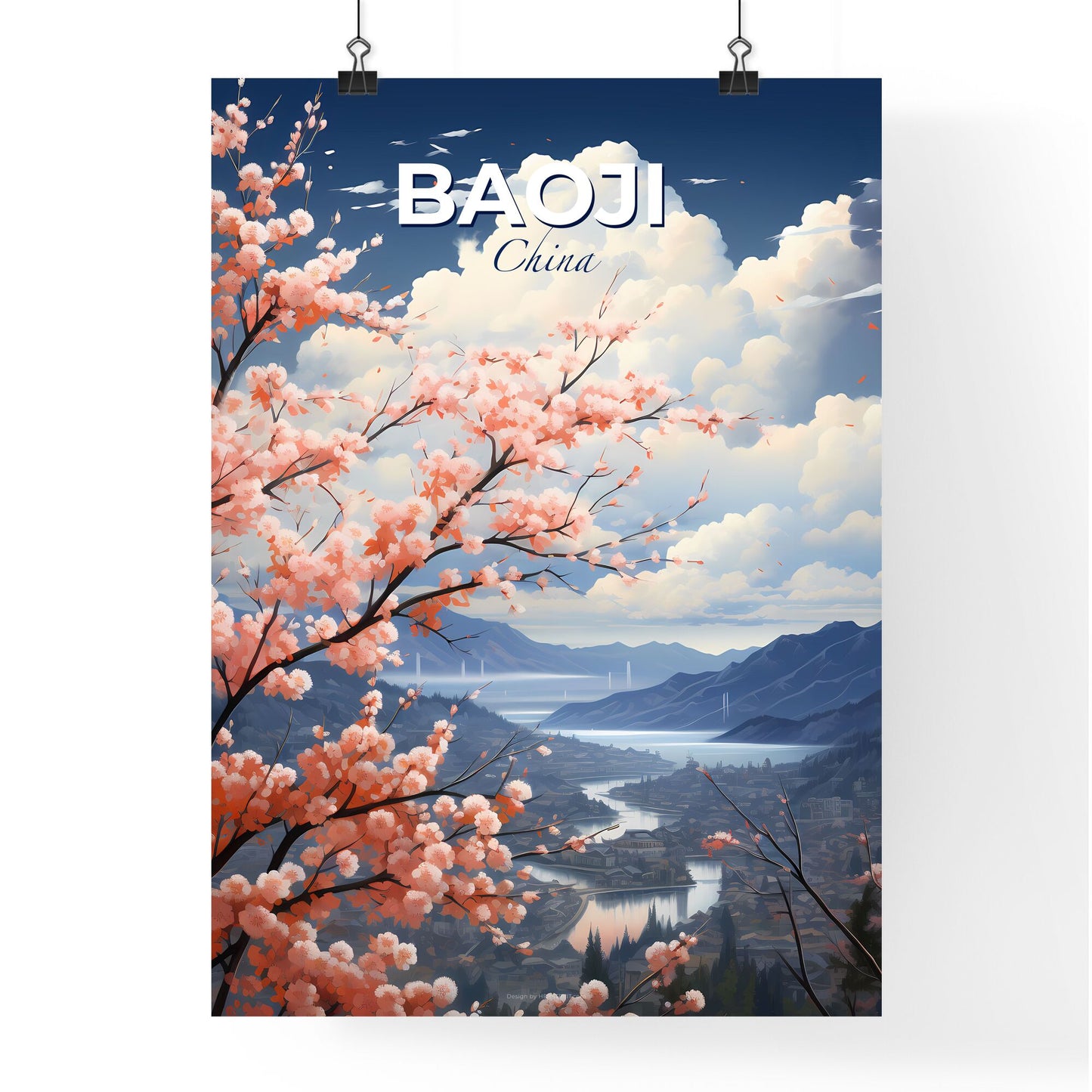 Pink Flowering Tree Painting Skyline Baoji City China Default Title