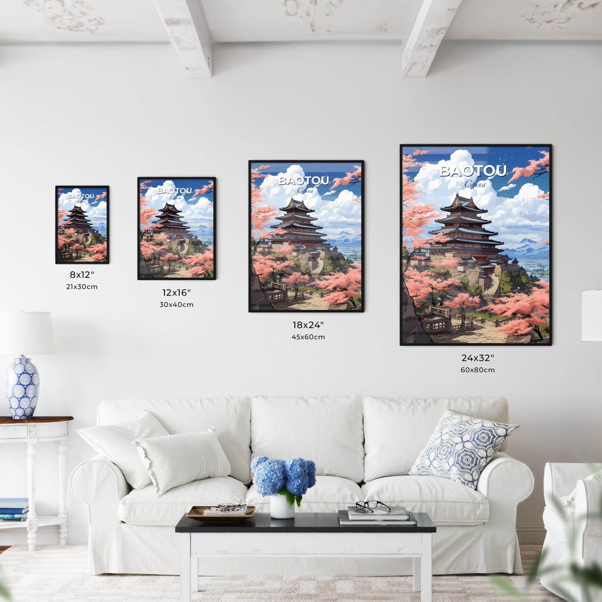 Hilltop Building with Blossoming Flowers Artistic Skyline Panorama China Architecture Default Title