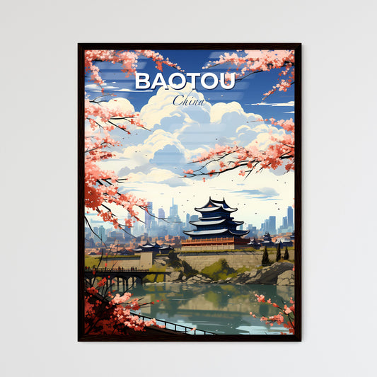 Vibrant Cityscape Painting Featuring Pagodas, Flowers, and a Serene River Default Title