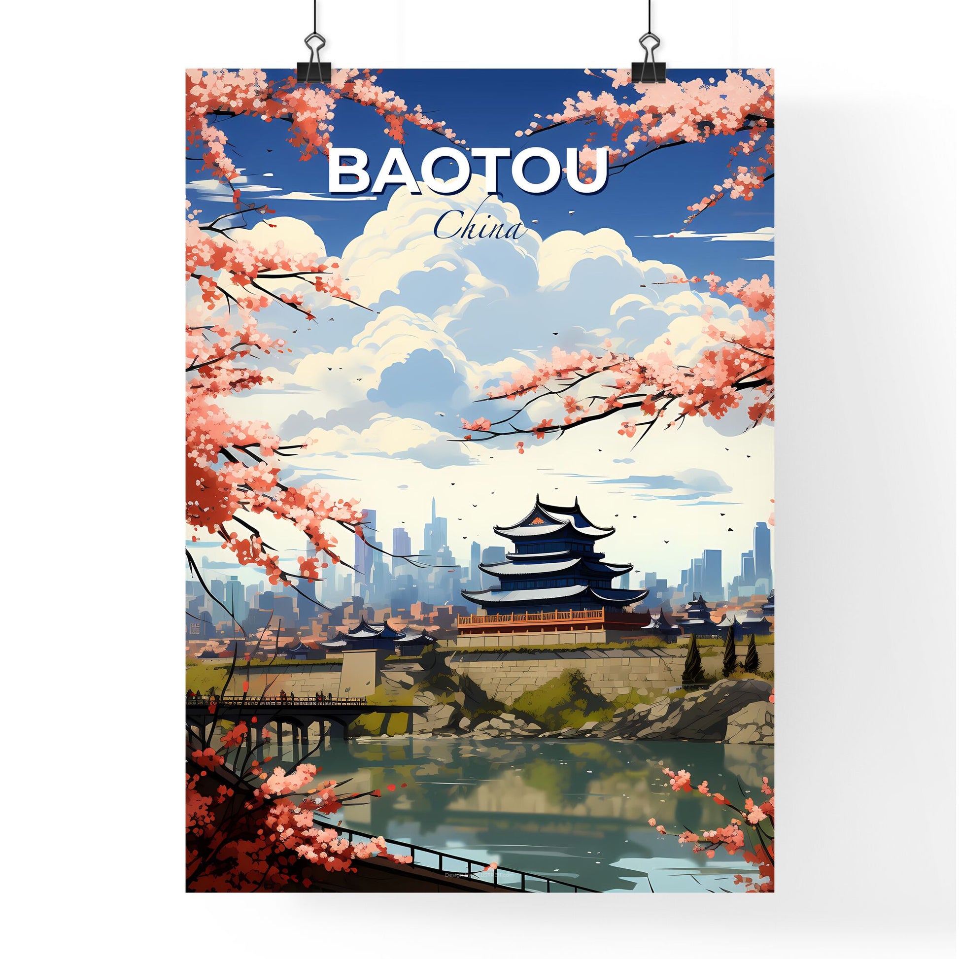 Vibrant Cityscape Painting Featuring Pagodas, Flowers, and a Serene River Default Title