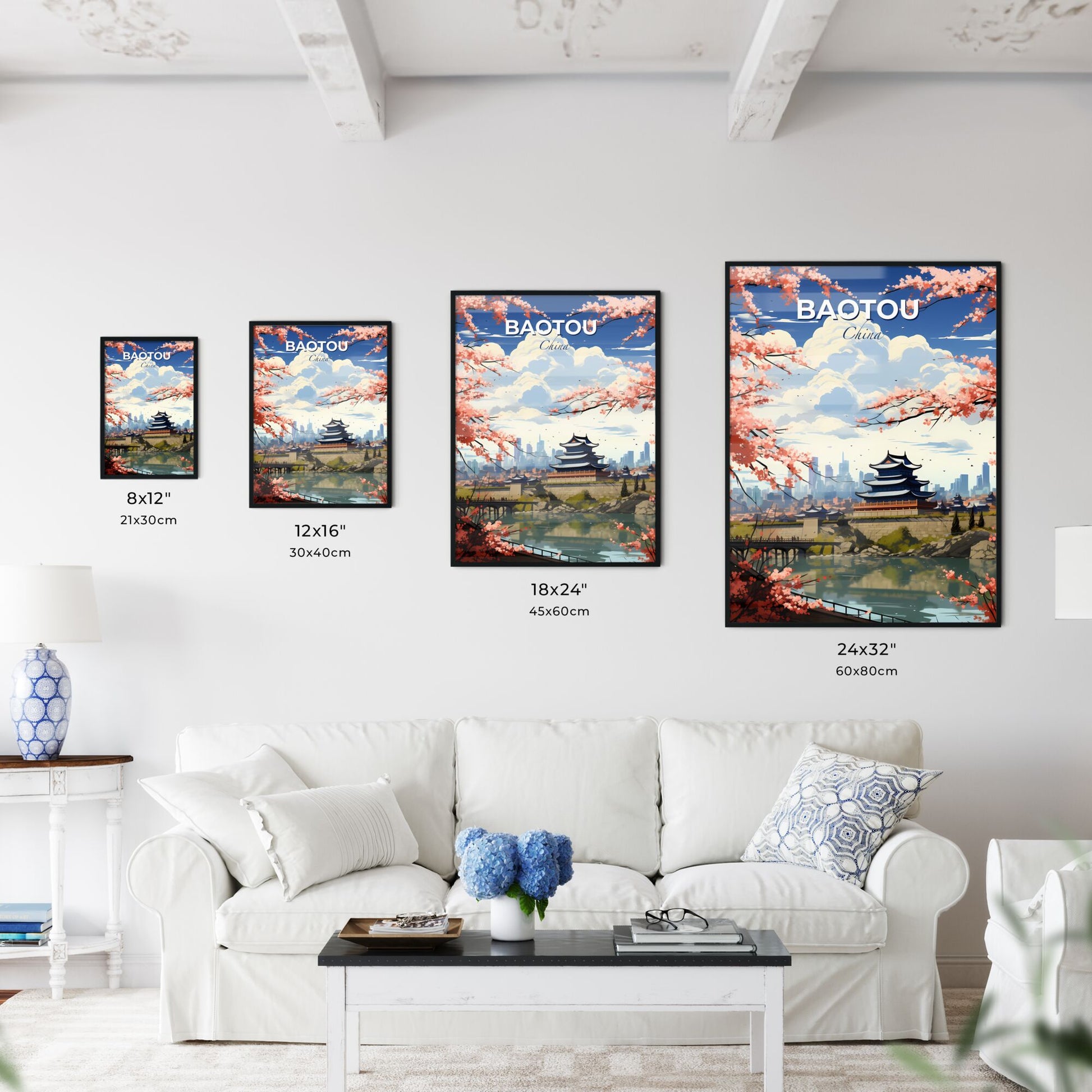 Vibrant Cityscape Painting Featuring Pagodas, Flowers, and a Serene River Default Title