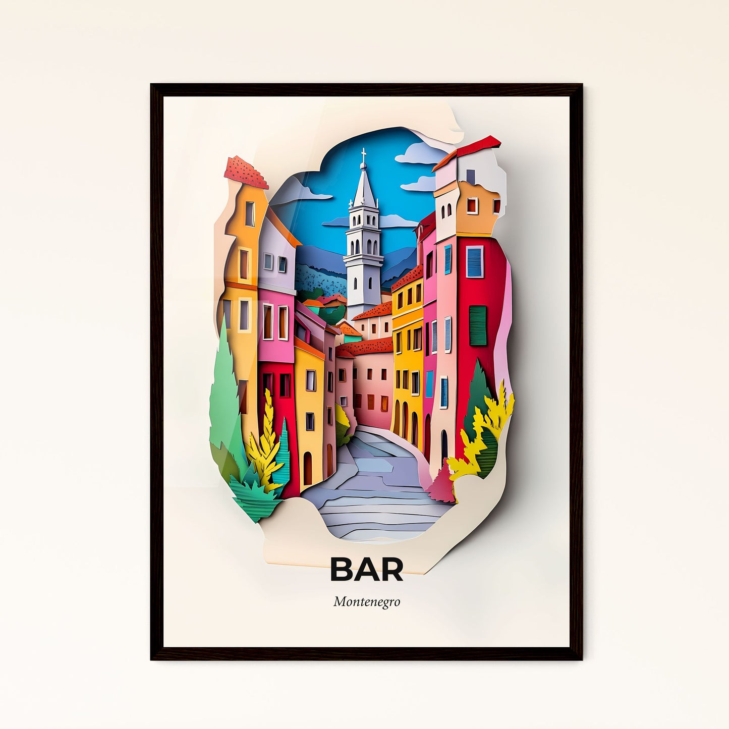 Vivid Bar, Montenegro - a paper cut of a city with a clock tower