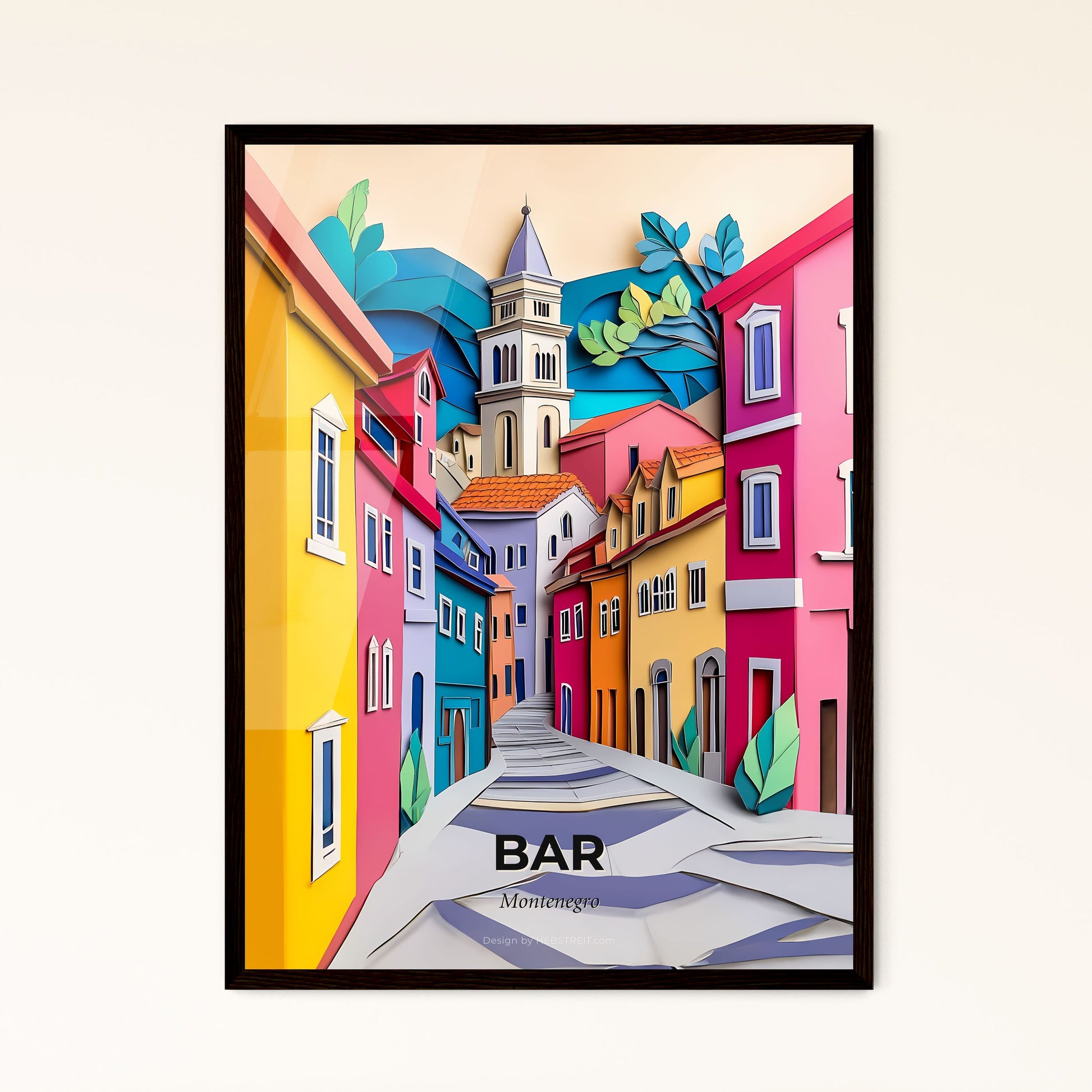 Vivid Bar, Montenegro - a colorful street with a clock tower in the background