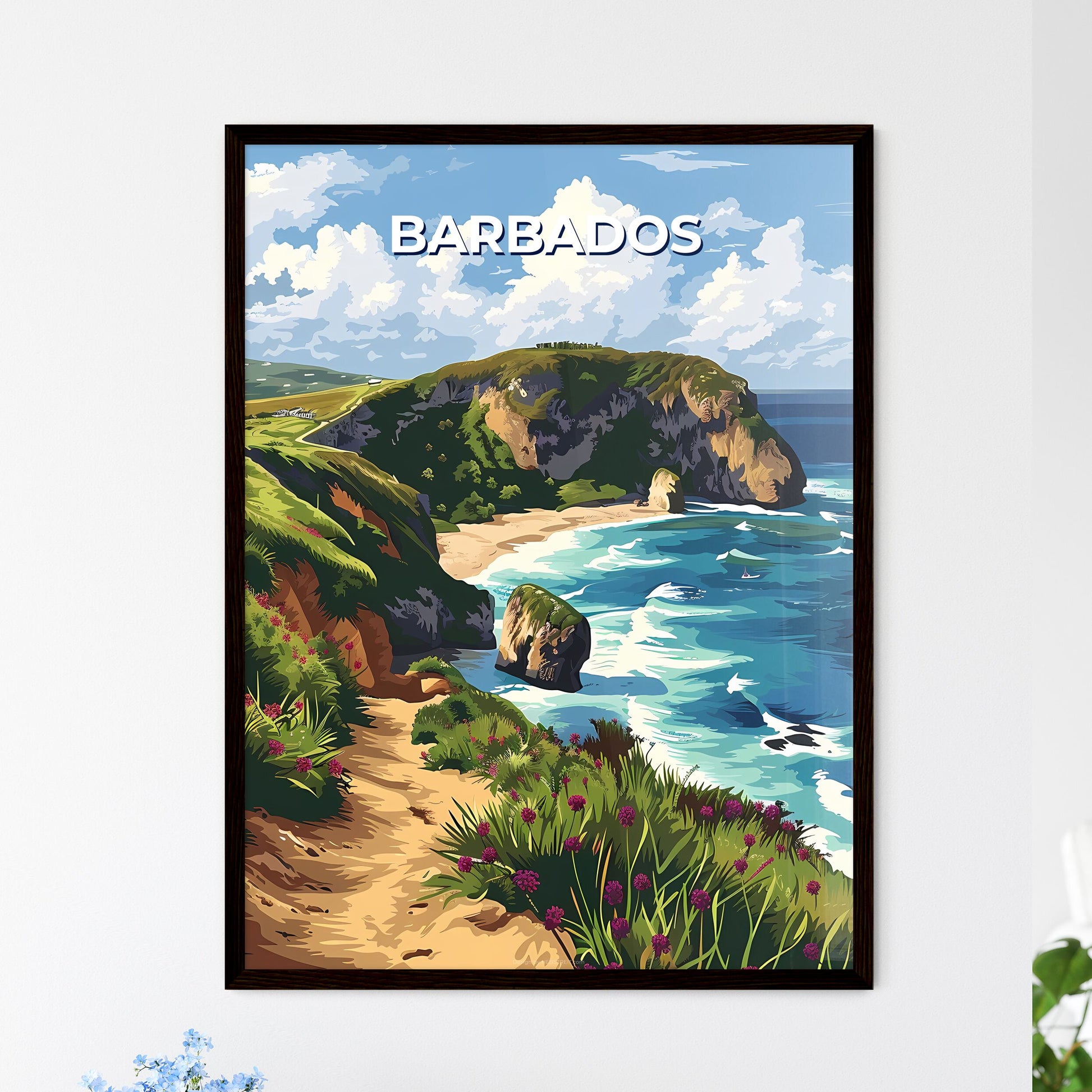 Vibrant Painting of Barbados North America Beach Cliffs Depicting Art