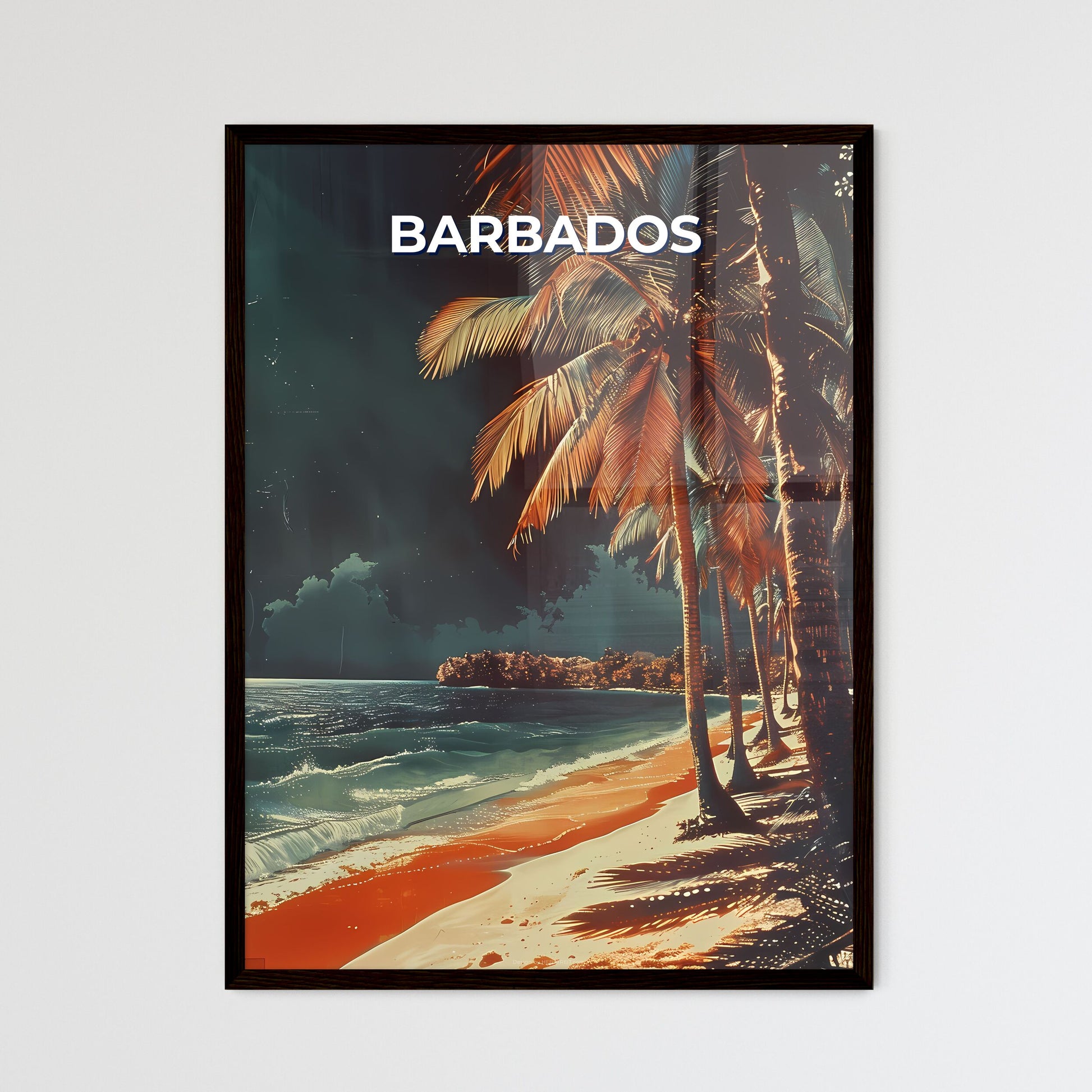 Vibrant Painting of Beach Scene in Barbados, North America with Palm Trees and Waves