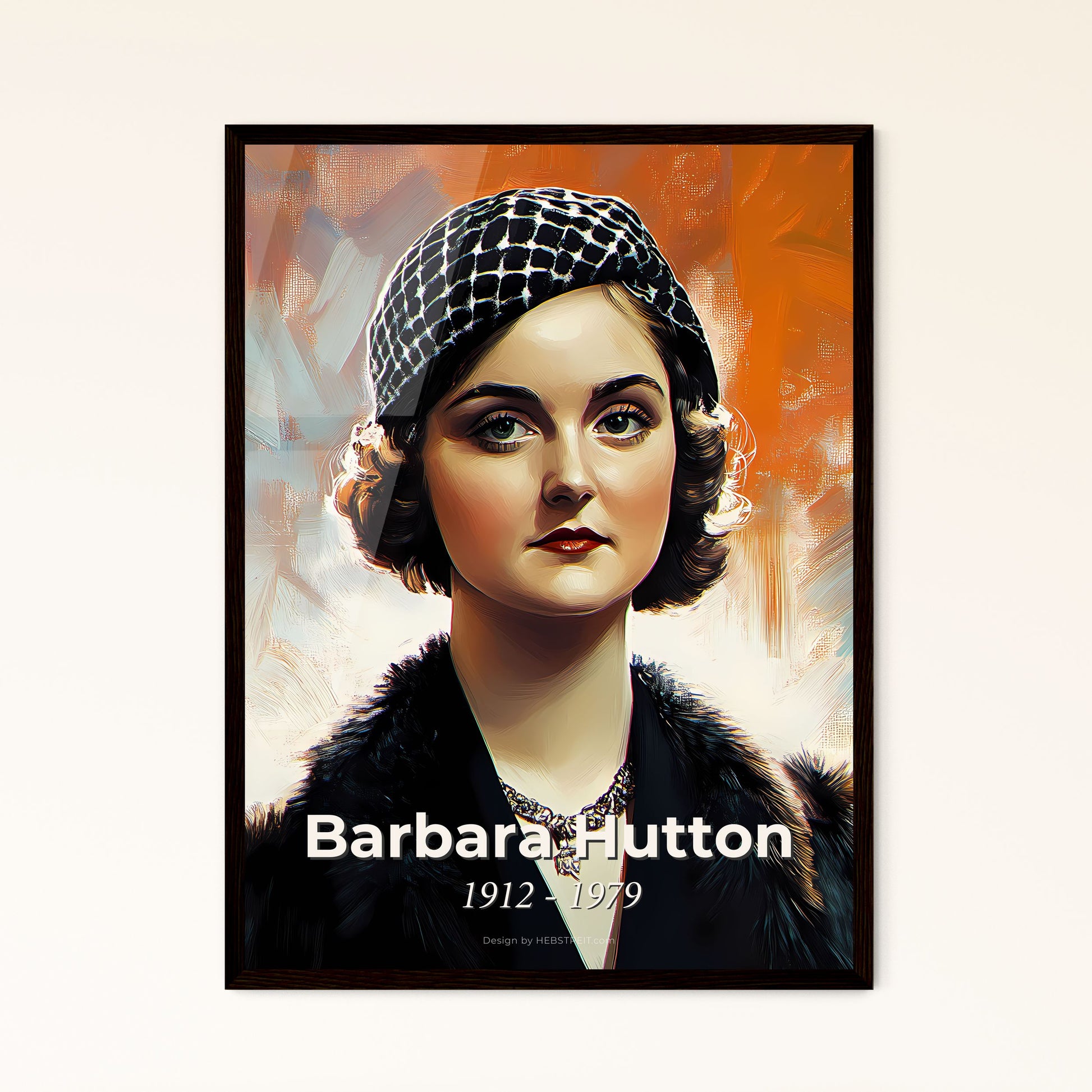 Portrait of Barbara Hutton, 1912 - 1979. Impressionistic painting of a woman wearing a hat and a fur coat.