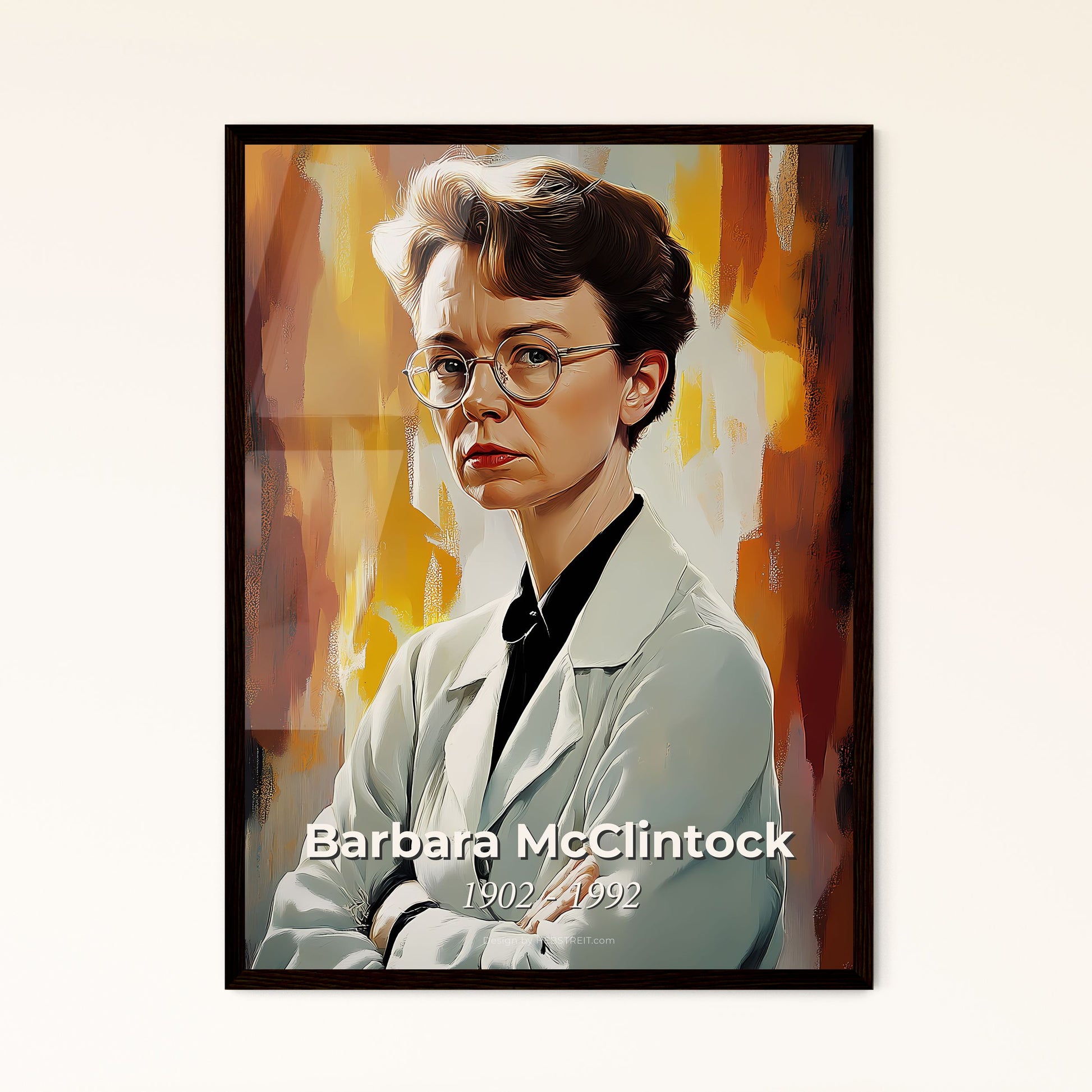 Portrait of Barbara McClintock, 1902 - 1992. Impressionistic painting of a woman with glasses and a white coat.