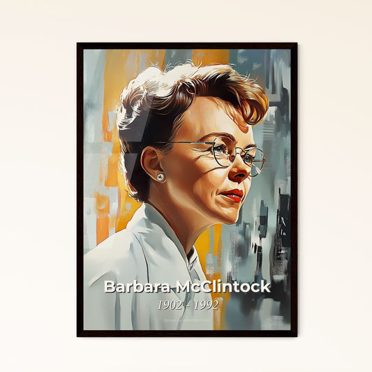 Portrait of Barbara McClintock, 1902 - 1992. Impressionistic painting of a woman in a white shirt.