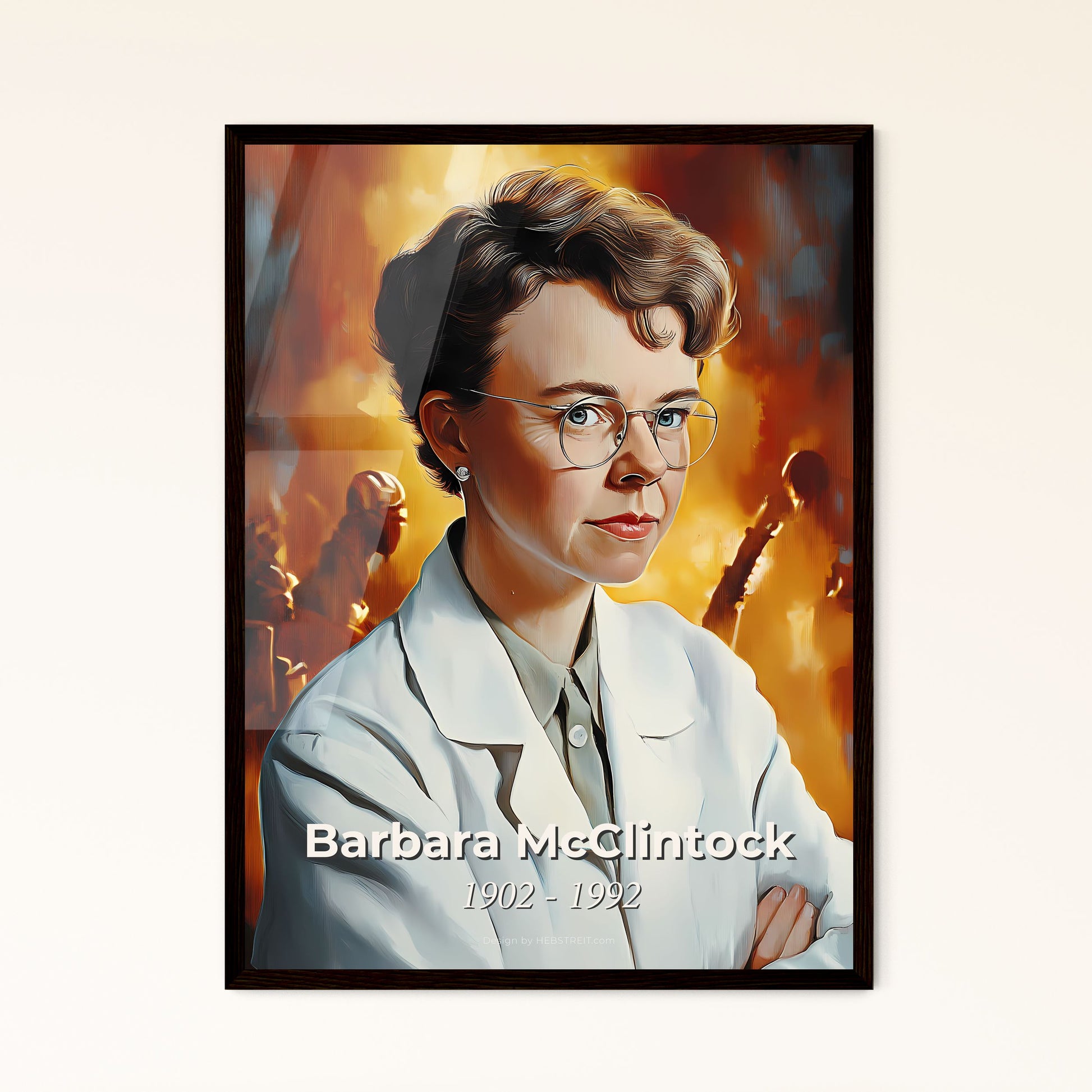 Portrait of Barbara McClintock, 1902 - 1992. Impressionistic painting of a woman in a white coat with her arms crossed.