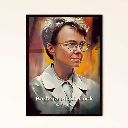 Portrait of Barbara McClintock, 1902 - 1992. Impressionistic painting of a woman wearing glasses and a white coat.