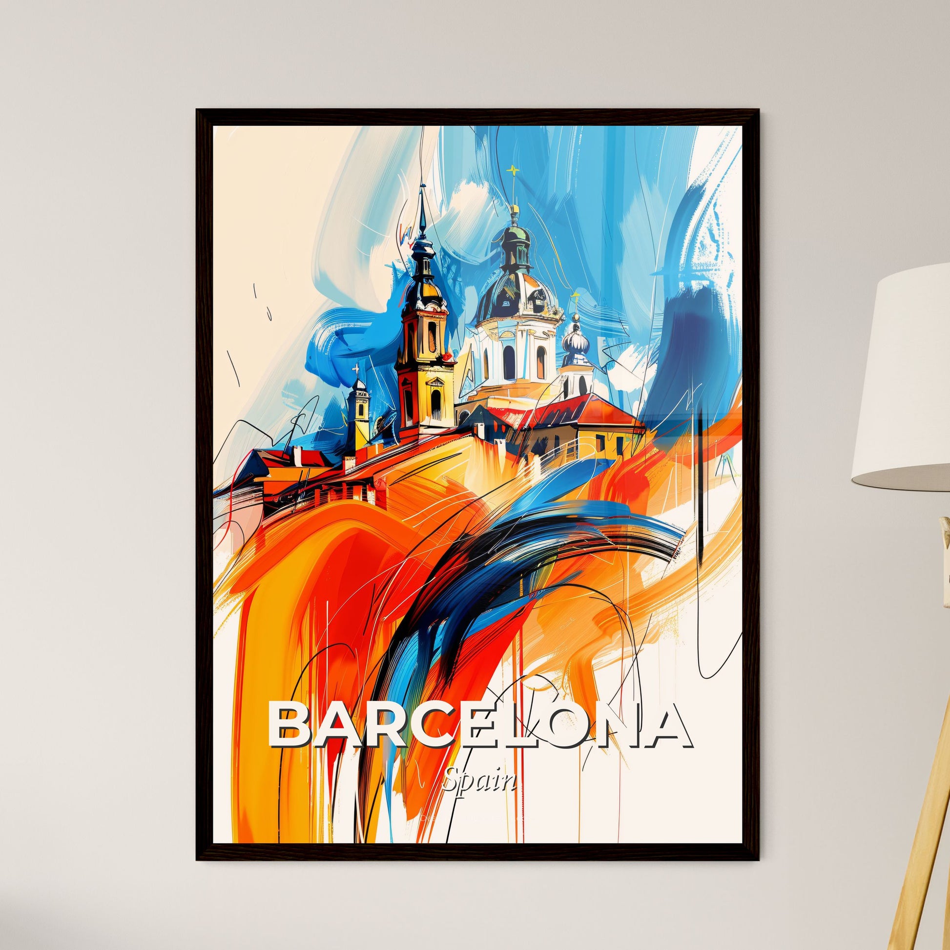 Vibrant Barcelona, Spain - A Painting Of A Building With Towers And A Colorful Background