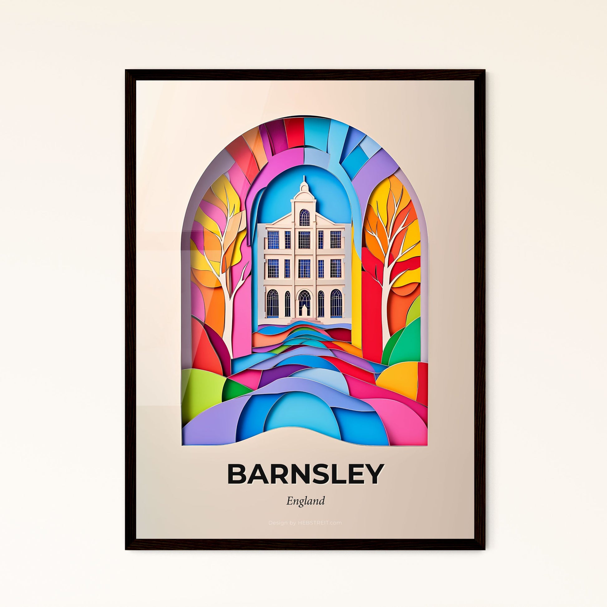 Vivid Barnsley, England - a paper cut of a building with a rainbow background