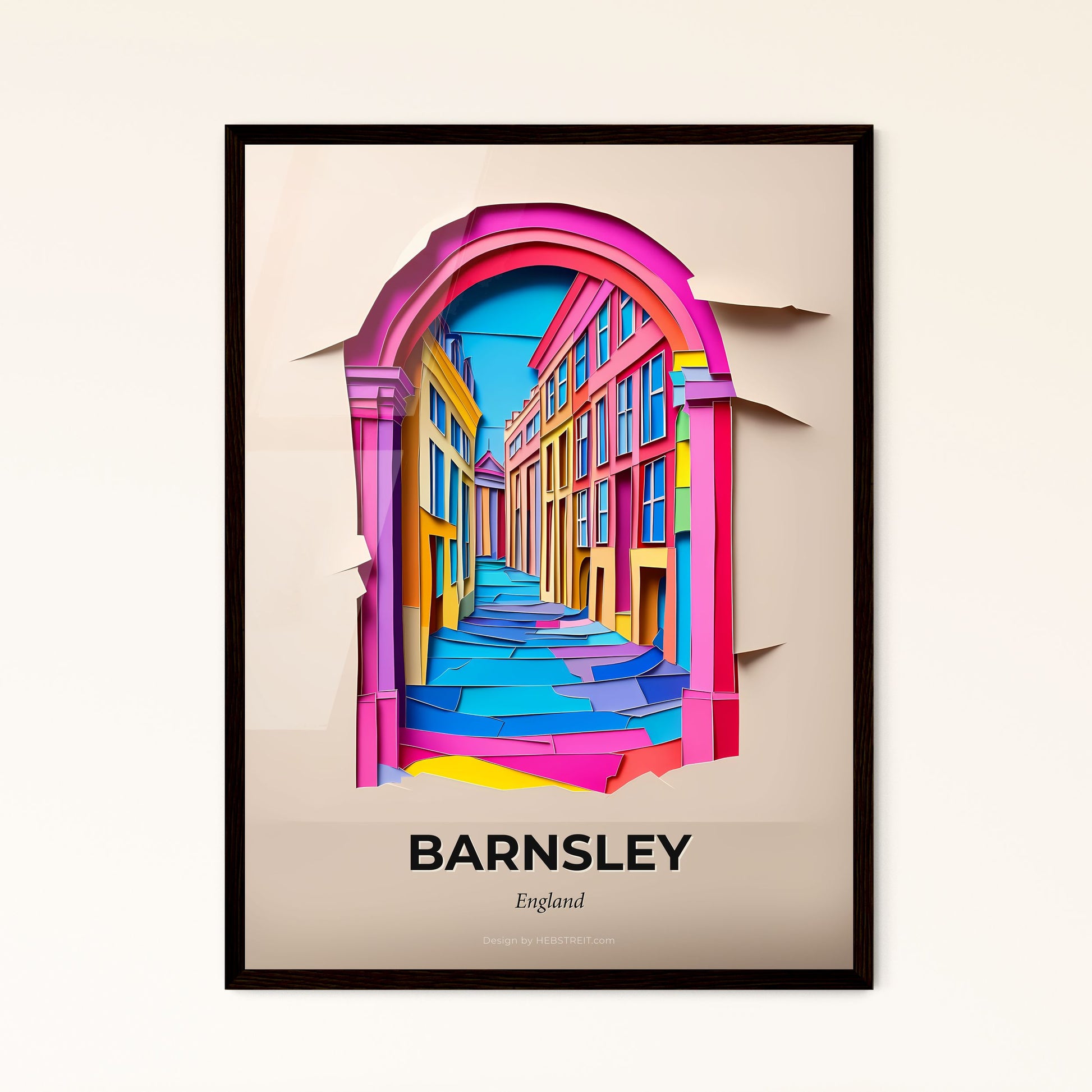 Vivid Barnsley, England - a colorful city street with a window cut out of paper