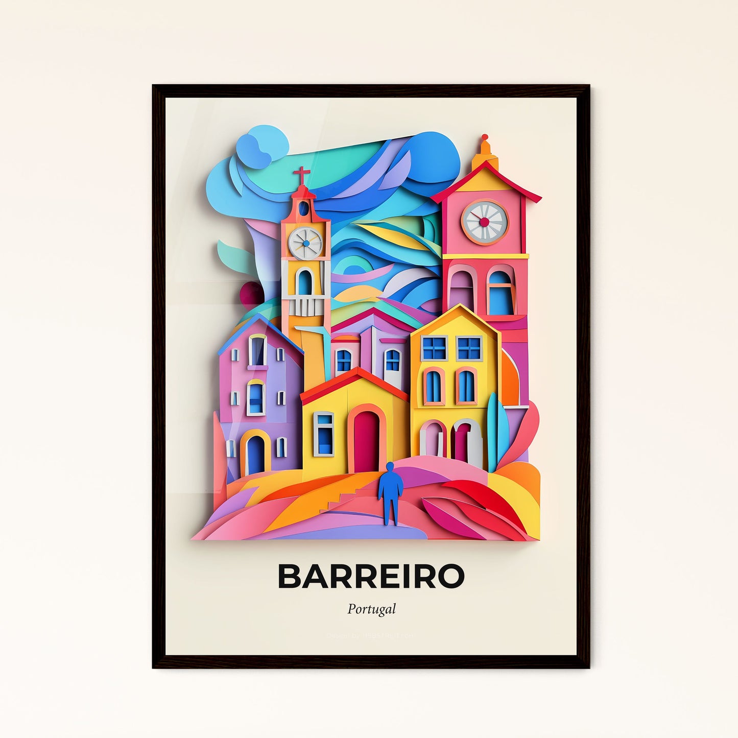 Vivid Barreiro, Portugal - a colorful paper cut of a town with a clock tower