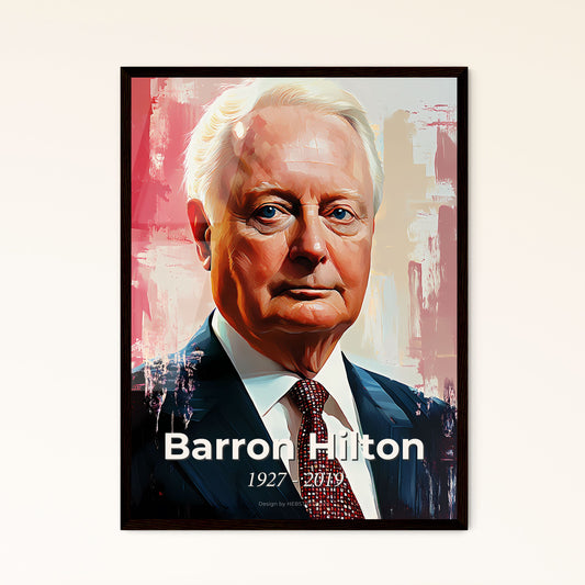 Portrait of Barron Hilton, 1927 - 2019. Impressionistic painting of a man in a suit and tie.