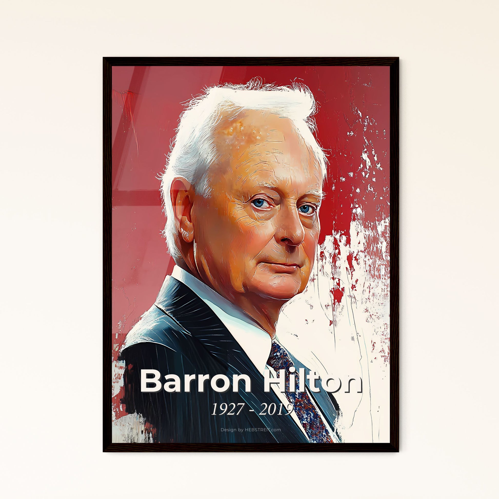 Portrait of Barron Hilton, 1927 - 2019. Impressionistic painting of a man in a suit.