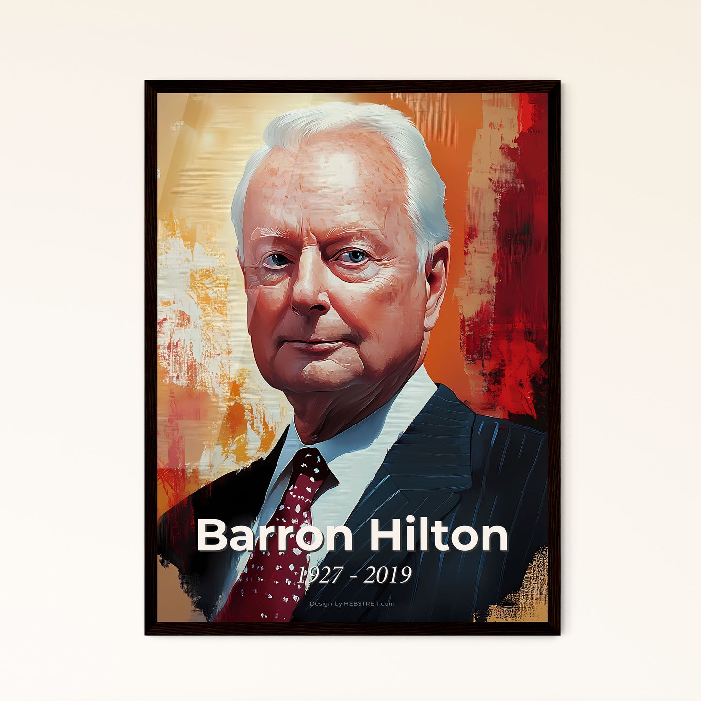 Portrait of Barron Hilton, 1927 - 2019. Impressionistic painting of a man in a suit and tie.