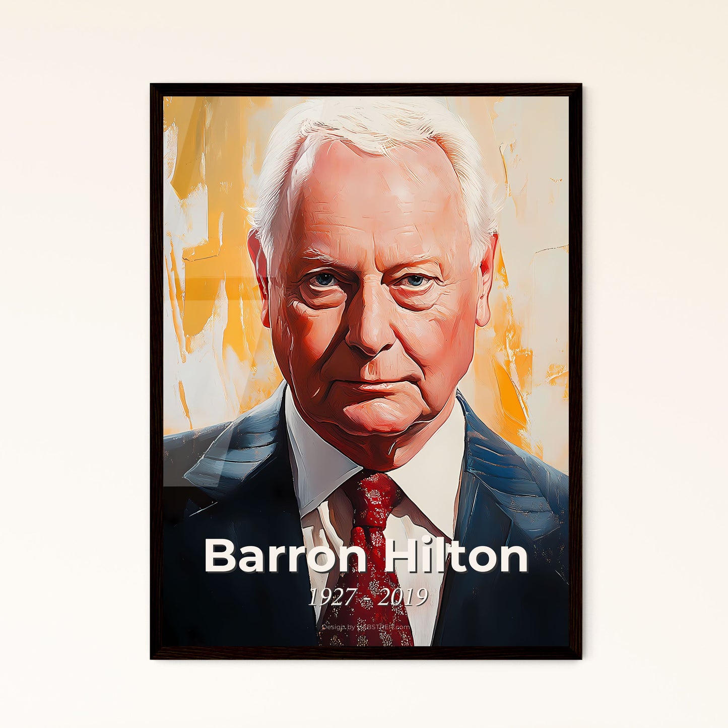 Portrait of Barron Hilton, 1927 - 2019. Impressionistic painting of a man in a suit and tie.