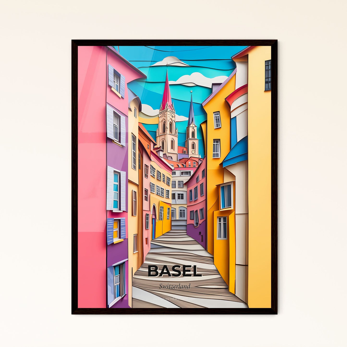 Vivid Basel, Switzerland - a colorful street with a church steeple in the background