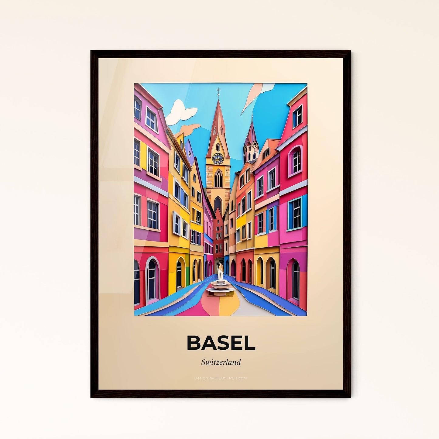 Vivid Basel, Switzerland - a painting of a street with a fountain in the middle